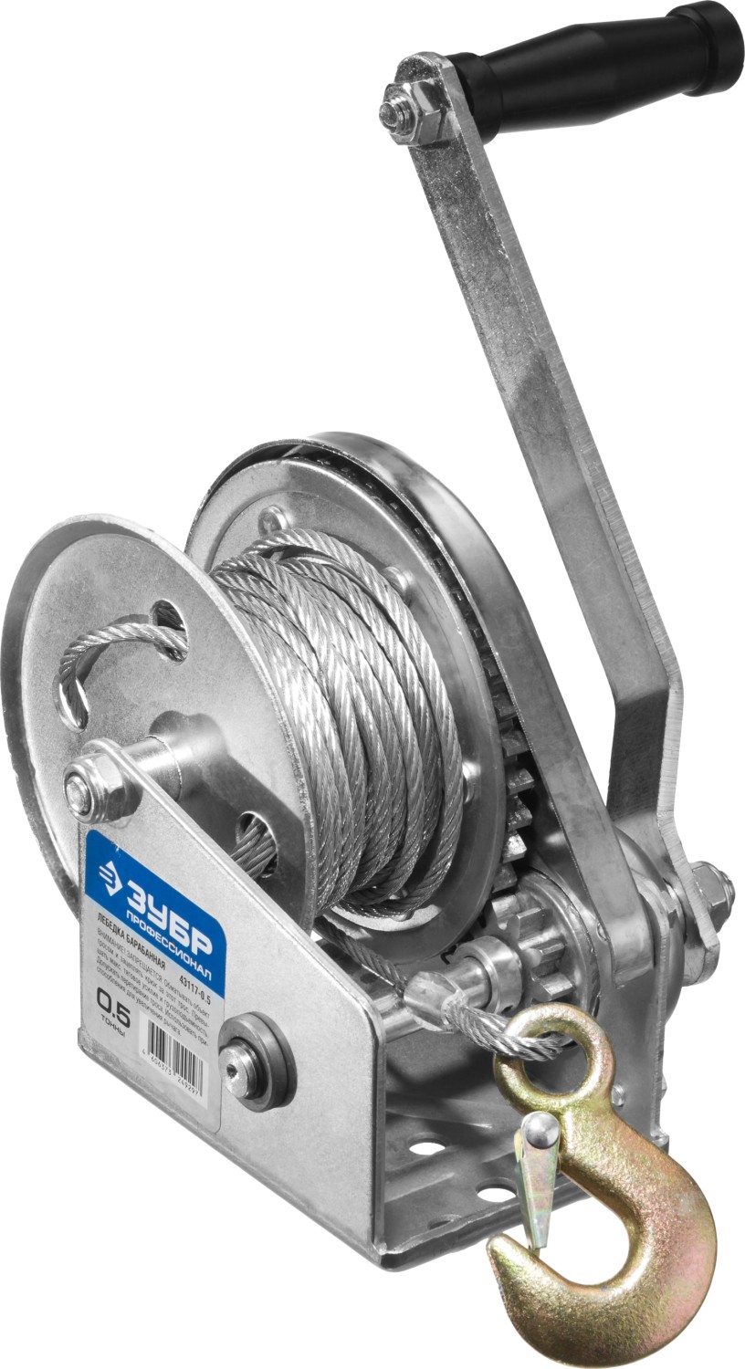 ЗУБР 0.5 т, 8 м, ручная барабанная подъемная тросовая лебедка, Профессионал (43117-0.5) — фото 2