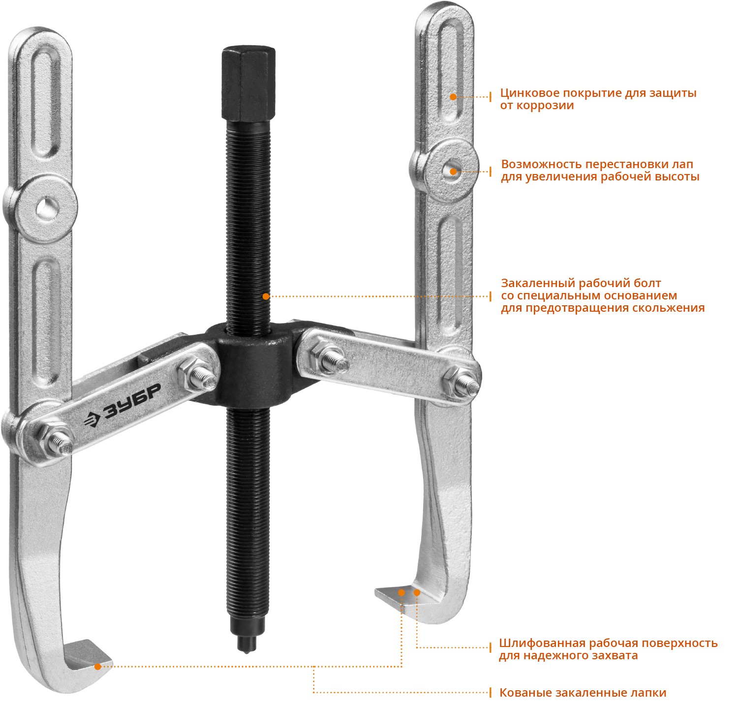 ЗУБР внешний d 36 - 250 мм, внутренний d 30 - 200 мм, шарнирный двухзахватный съемник с удлиненными захватами, Профессионал (43316-240) — фото 2
