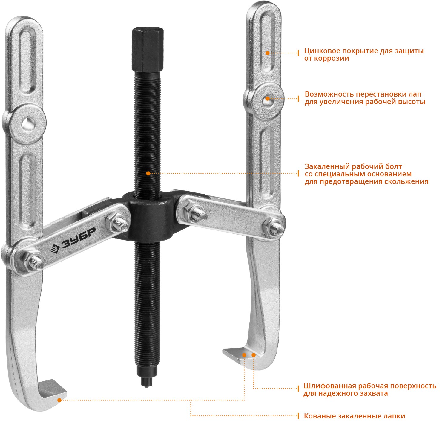 ЗУБР внешний d 40 - 340 мм, внутренний d 40 - 270 мм, шарнирный двухзахватный съемник с удлиненными захватами, Профессионал (43316-275) — фото 2