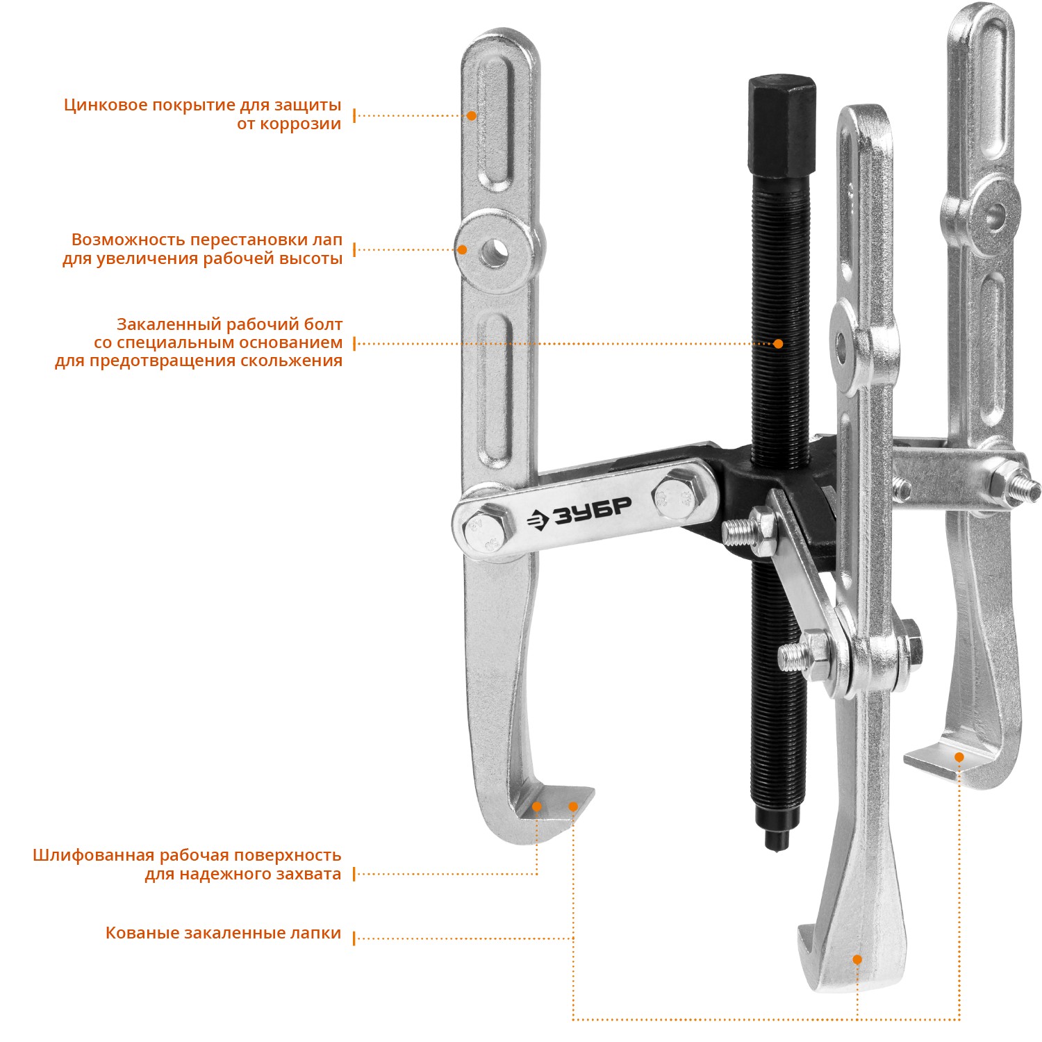 ЗУБР внешний d 36 - 250 мм, внутренний d 30 - 200 мм, шарнирный трехзахватный съемник с удлиненными захватами, Профессионал (43319-240) — фото 2