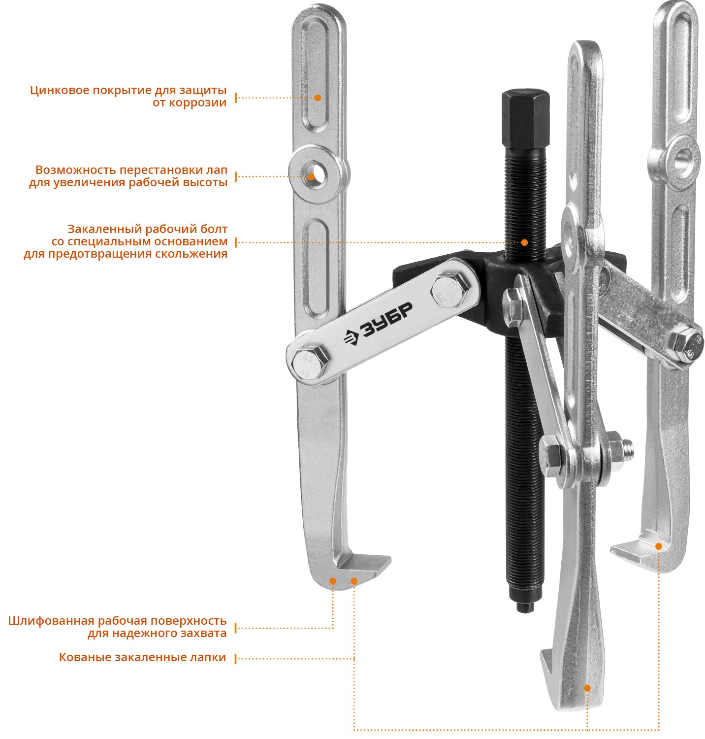 ЗУБР внешний d 55 - 390 мм, внутренний d 40 - 320 мм, шарнирный трехзахватный съемник с удлиненными захватами, Профессионал (43319-305) — фото 2