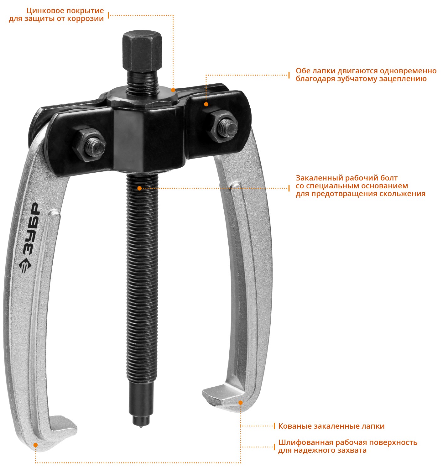 ЗУБР d 40 - 150 мм, шарнирный двухзахватный съемник с серповидными захватами, Профессионал (43322-110) — фото 2