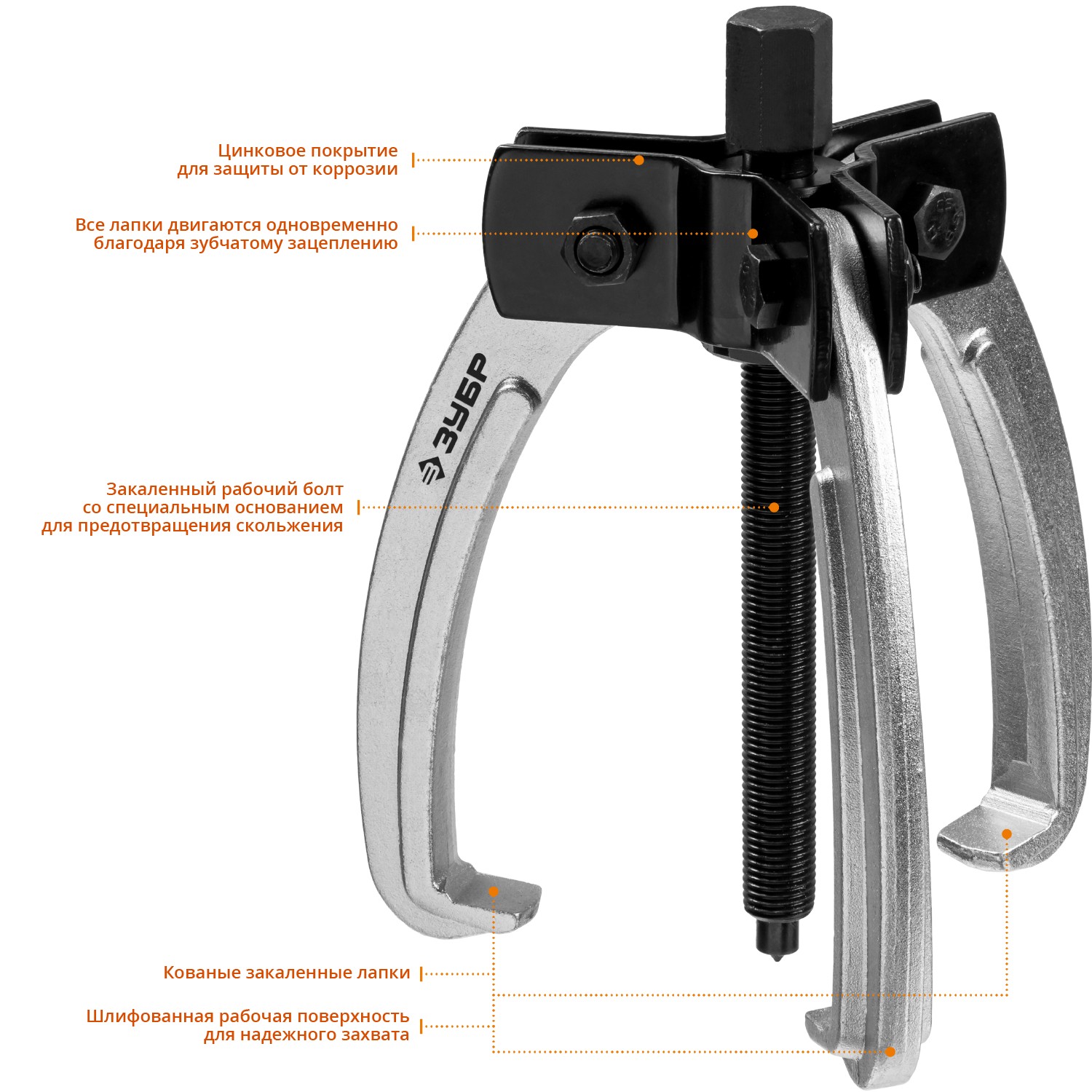 ЗУБР d 40 - 150 мм, шарнирный трехзахватный съемник с серповидными захватами, Профессионал (43323-110) — фото 2