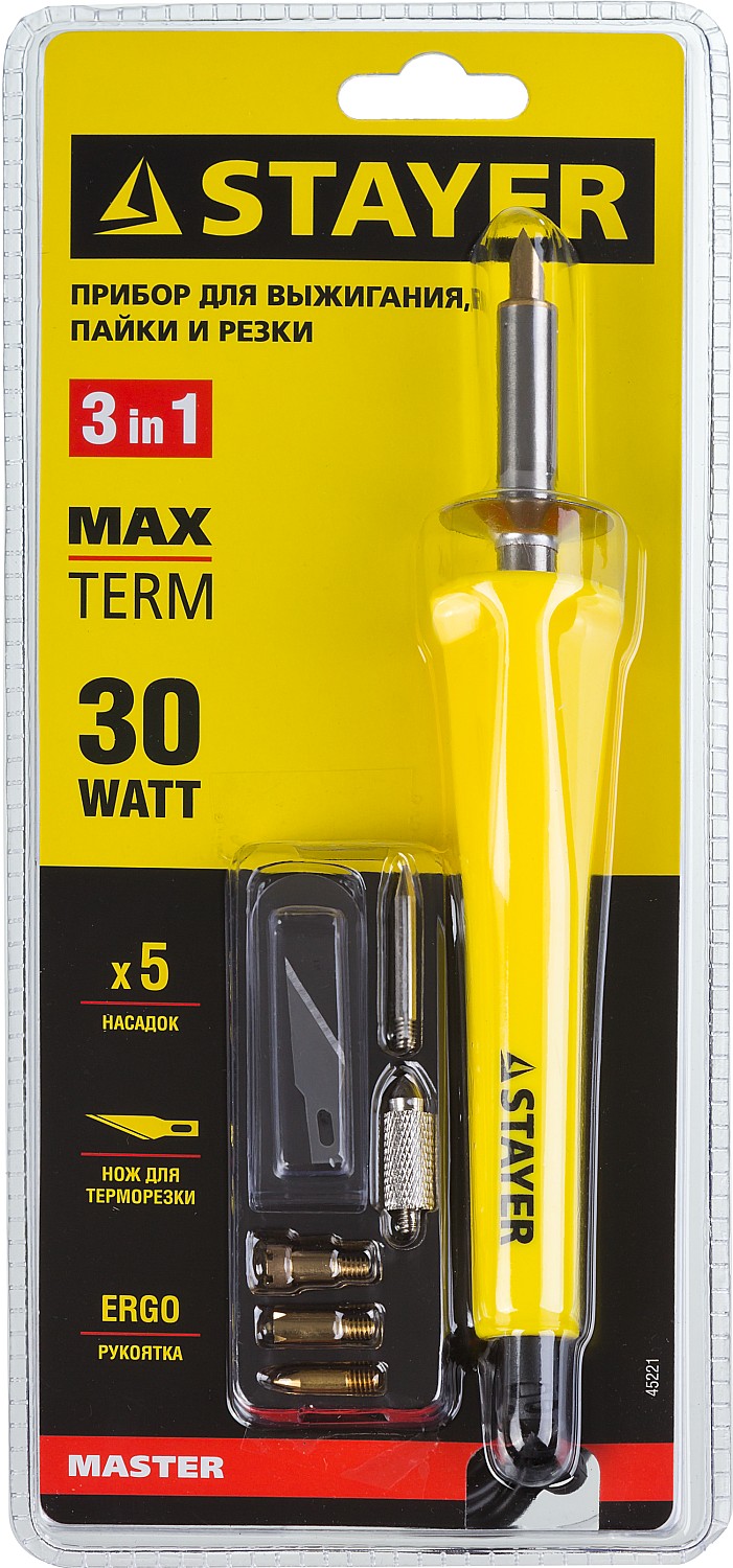 STAYER MAXTerm, 30 Вт, 3 в 1, в наборе: 5 насадок + термонож, прибор для выжигания, пайки и резки (45221) — фото 6