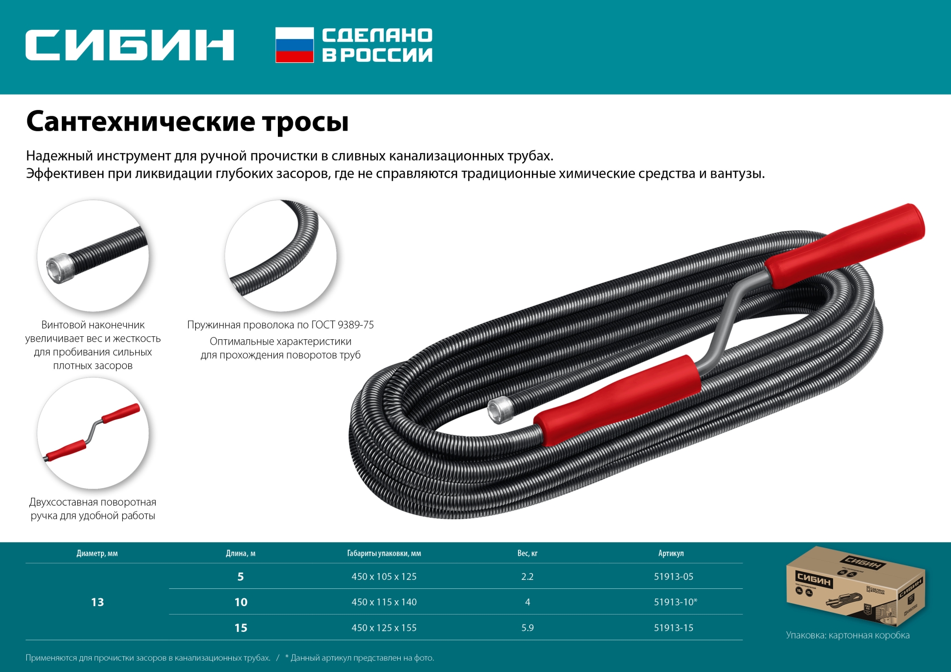 СИБИН 10 м, d 13 мм, сантехнический трос (51913-10) — фото 6