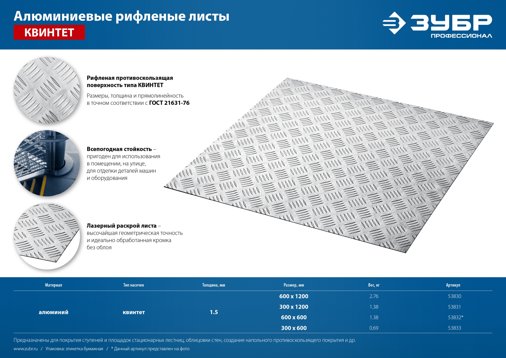 ЗУБР Квинтет, 600 х 600 х 1.5 мм, алюминиевый рифленый лист, Профессионал (53832) — фото 9