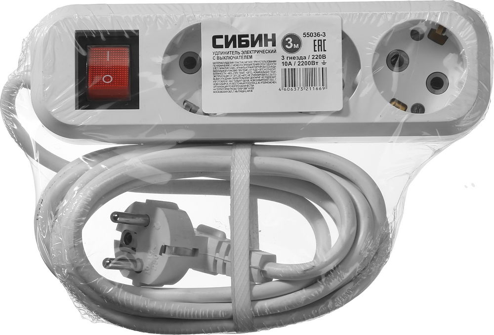 СИБИН У-30 В, ПВС, 3 х 0.75 мм2, 3 гн., 3 м, выключатель 2200 Вт, бытовой удлинитель (55036-3) — фото 2