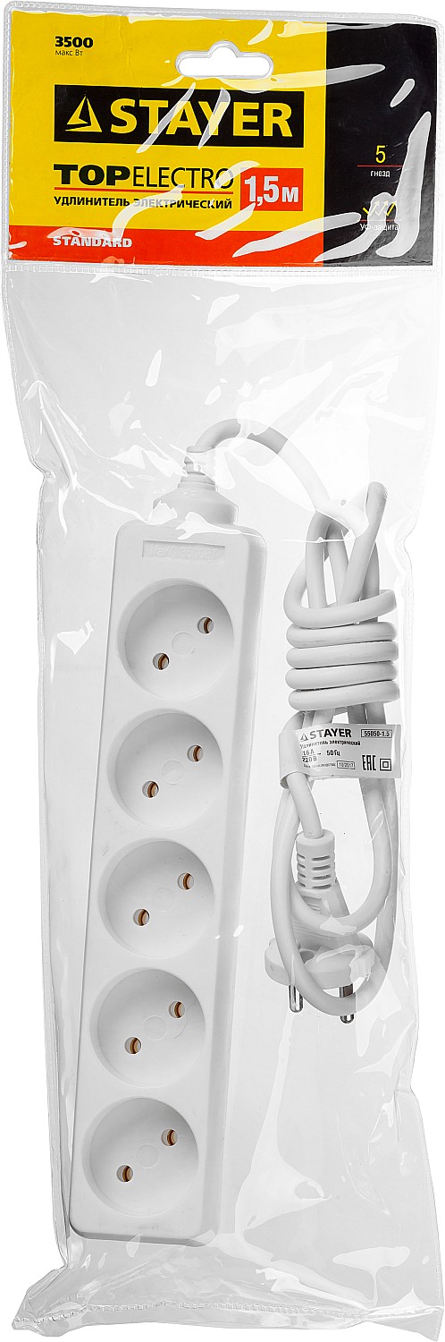 Удлинитель ″TOPELECTRO″ электрический, ПВС 2х1мм2, 5 гнезд, 3500 Вт, 1.5м, STAYER — фото 2