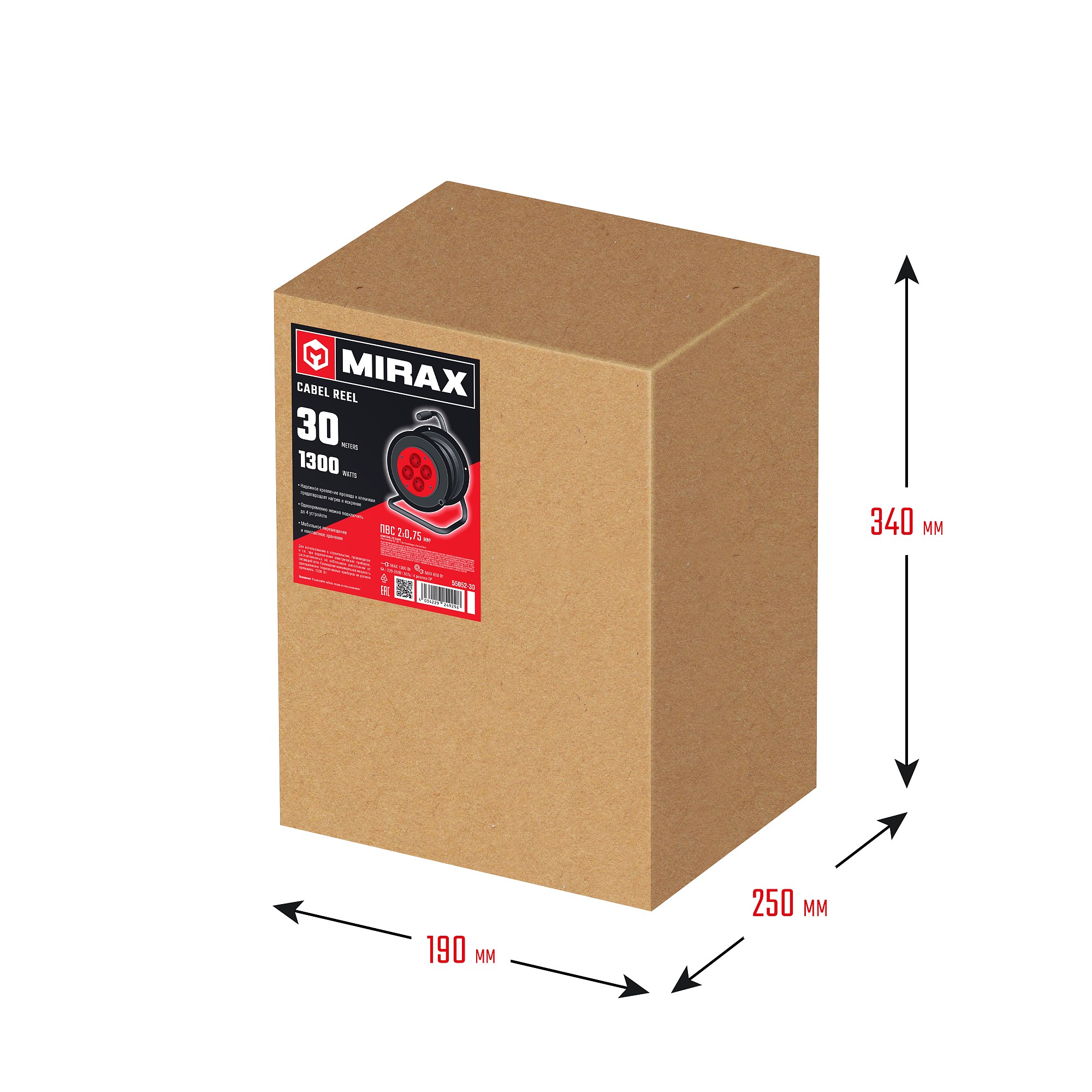 MIRAX ПВС, 2 х 0.75 мм2, 30 м, 1300 Вт, удлинитель на катушке (55052-30) — фото 6