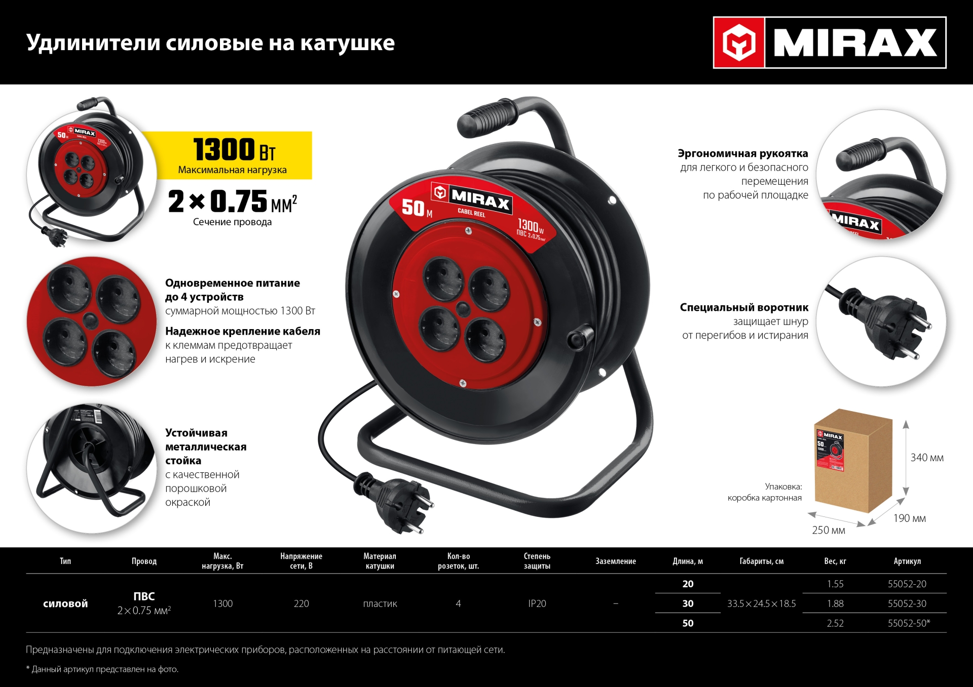 MIRAX ПВС, 2 х 0.75 мм2, 50 м, 1300 Вт, удлинитель на катушке (55052-50) — фото 9