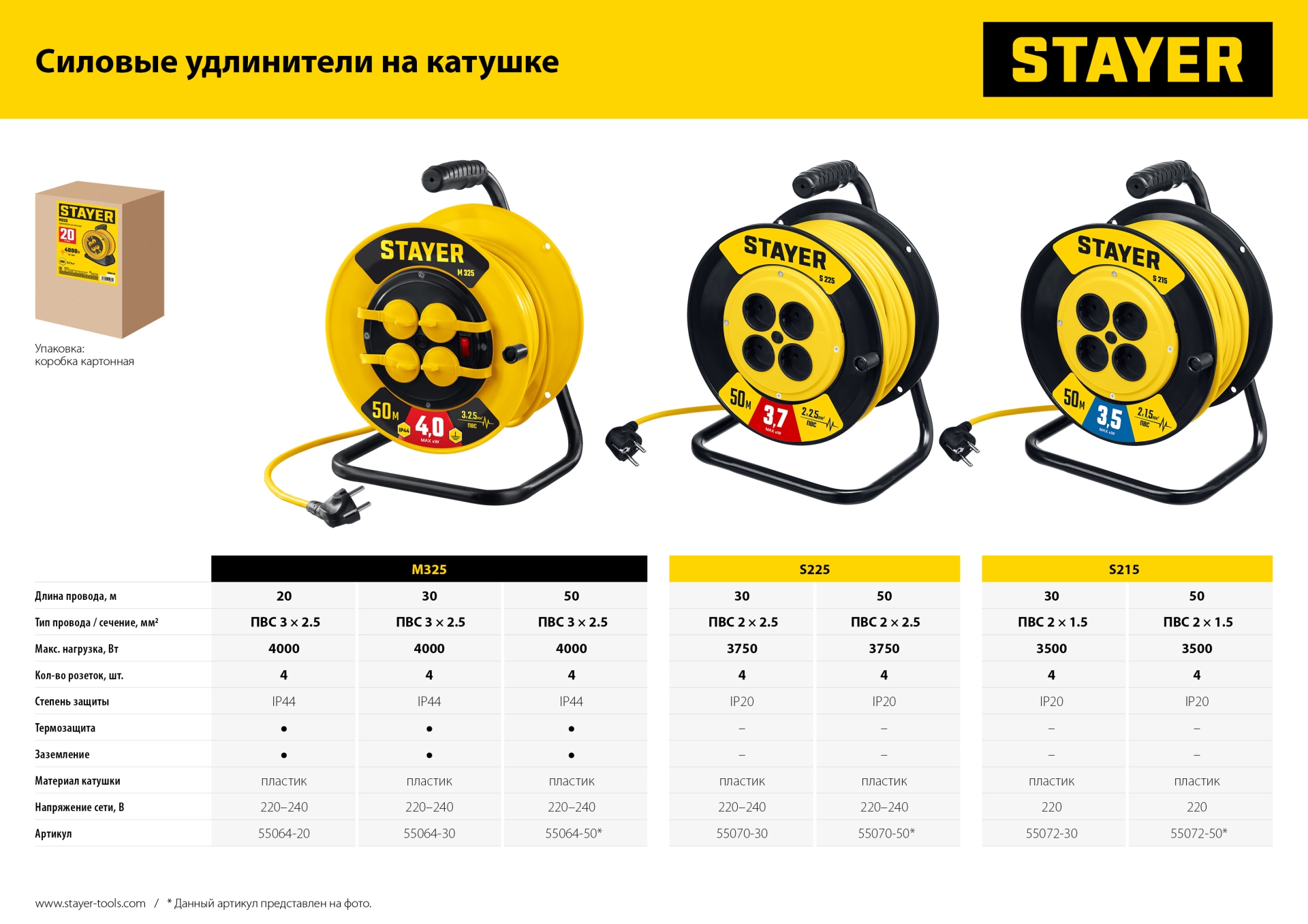 STAYER М-325, ПВС, 3 х 2.5 мм2, 20 м, 4000 Вт, IP44, силовой удлинитель на катушке (55064-20) — фото 9