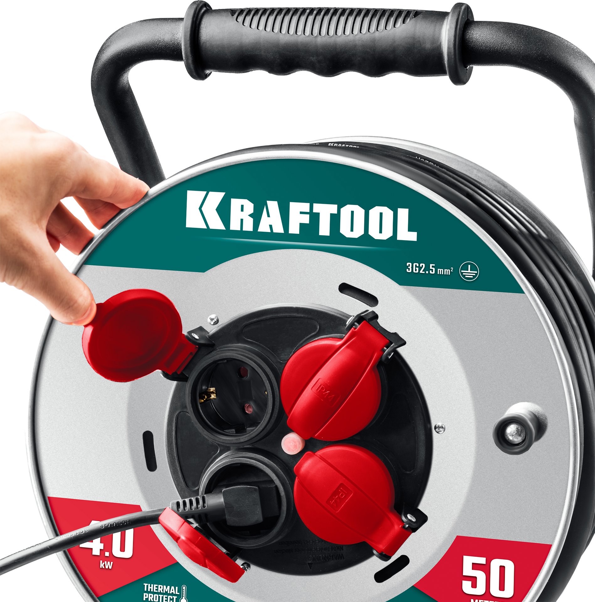 KRAFTOOL КГ 3х2.5 50м 4000Вт IP44, HEAVY DUTYСиловой удлинитель на стальной катушке (55086-50) — фото 3