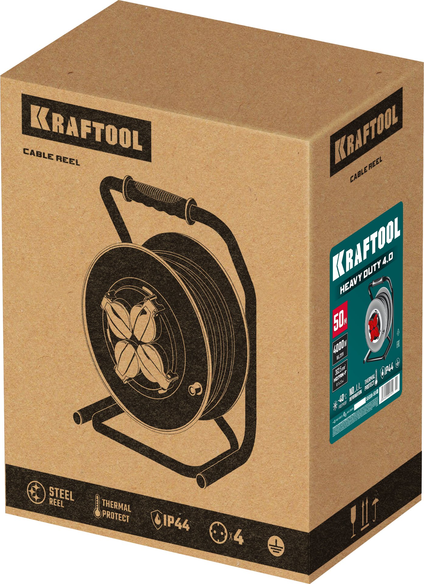 KRAFTOOL КГ 3х2.5 50м 4000Вт IP44, HEAVY DUTYСиловой удлинитель на стальной катушке (55086-50) — фото 6