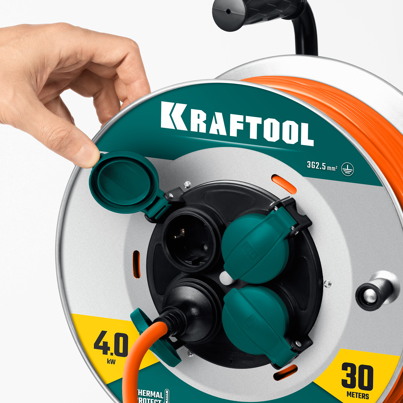 KRAFTOOL ПВС 3х2.5 30м 4000Вт IP44, Силовой удлинитель на стальной катушкеEXPERT (55089-30) — фото 6