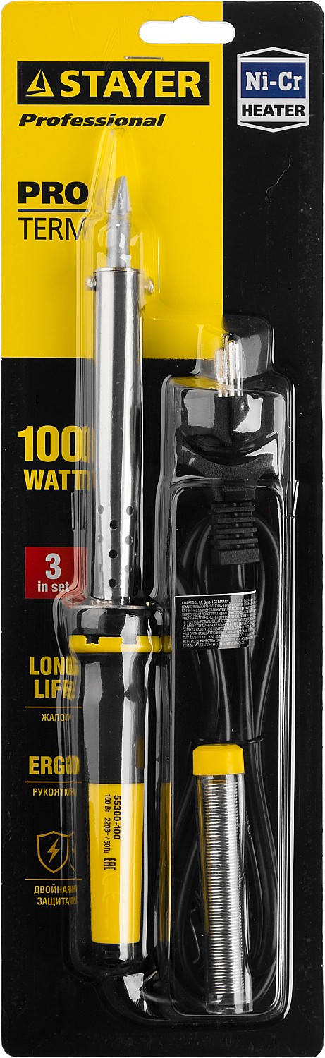 STAYER PROTerm, 100 Вт, клин, в наборе: припой + подставка, 2 К рукоятка, электропаяльник, Professional (55300-100) — фото 3