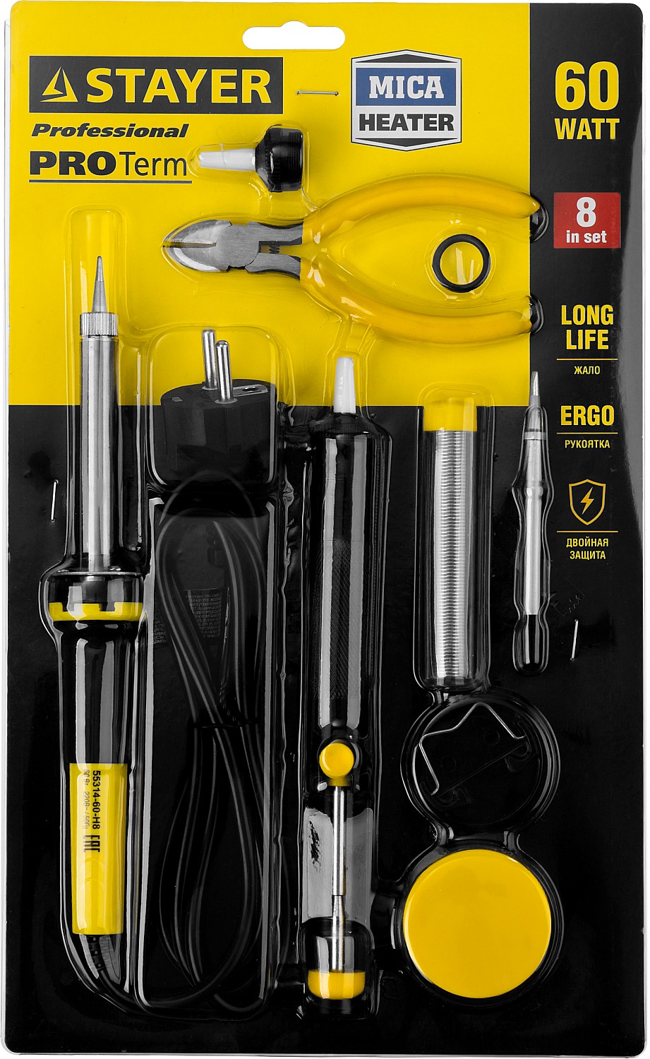 STAYER PROTerm, 60Вт, 2к рукоят, конус, подставка+припой+сменн жало+оловоотсос+сменн насадка+канифоль+кусачки, паял набор, Professional (55314-60-H8) — фото 4