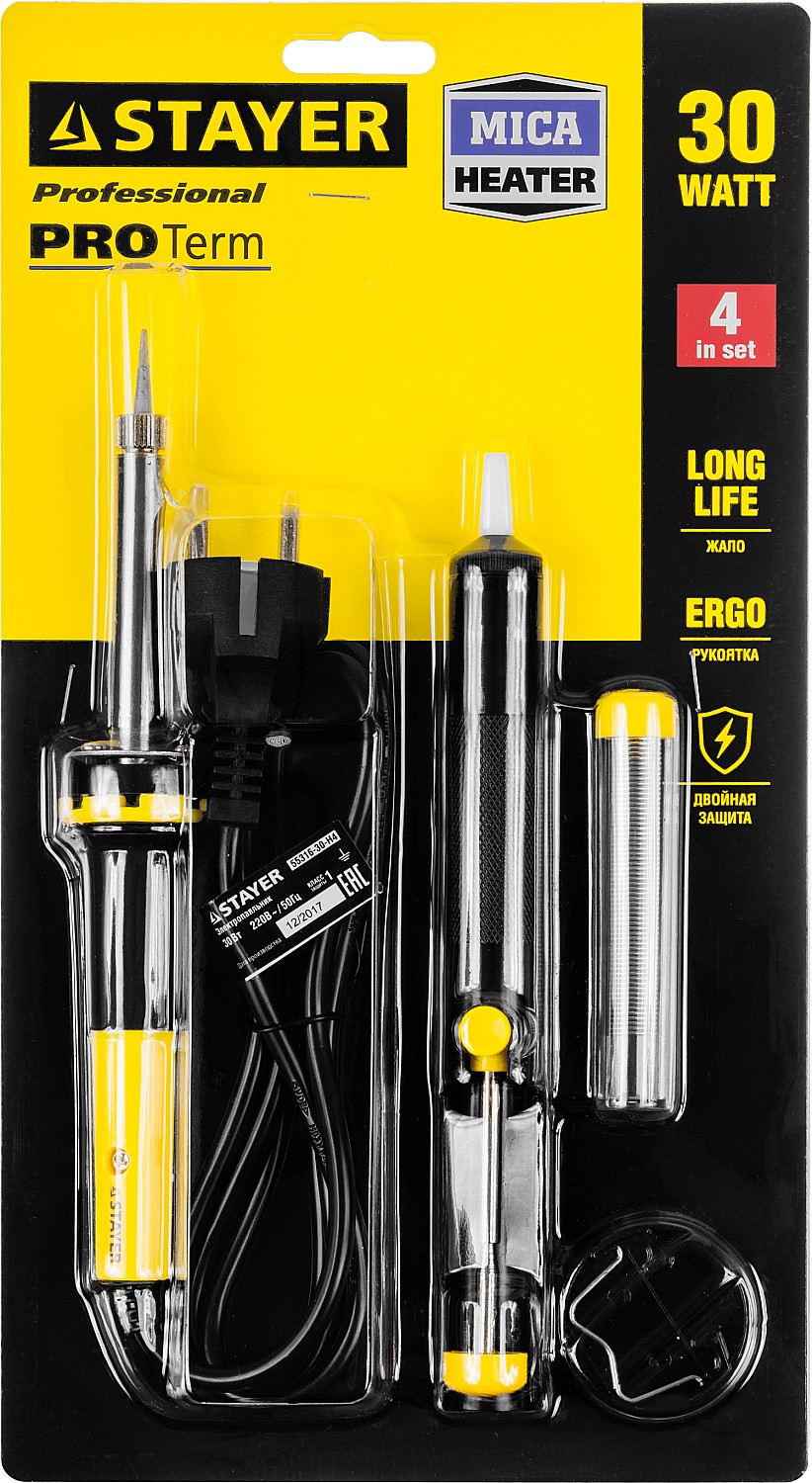 STAYER PROTerm, 30 Вт, с 2к рукояткой, конус, оловоотсос + подставка + припой, набор для паяльных работ, Professional (55316-30-H4) — фото 4