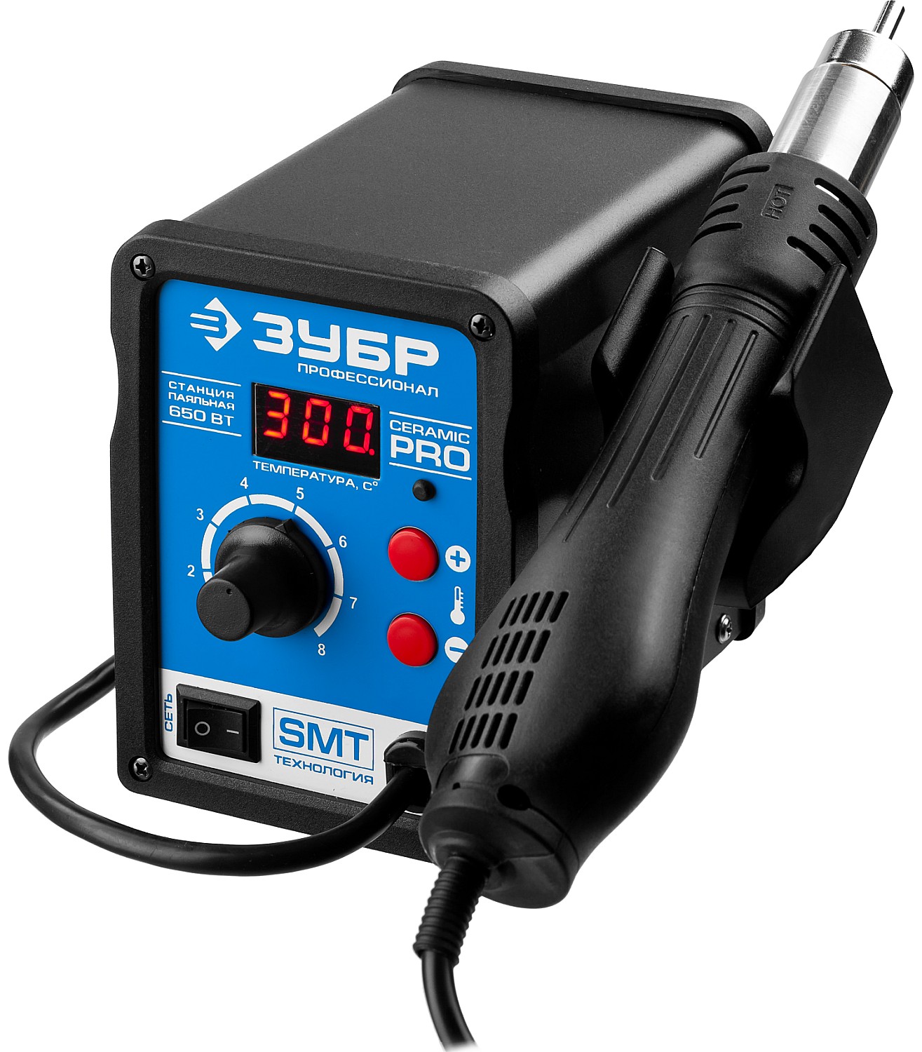 ЗУБР ПСТ-650, 650 Вт, 100 - 500°C,120 л/мин, 3 насадки, керамический нагреватель, цифровая термовоздушная паяльная станция, Профессионал (55350) — фото 3