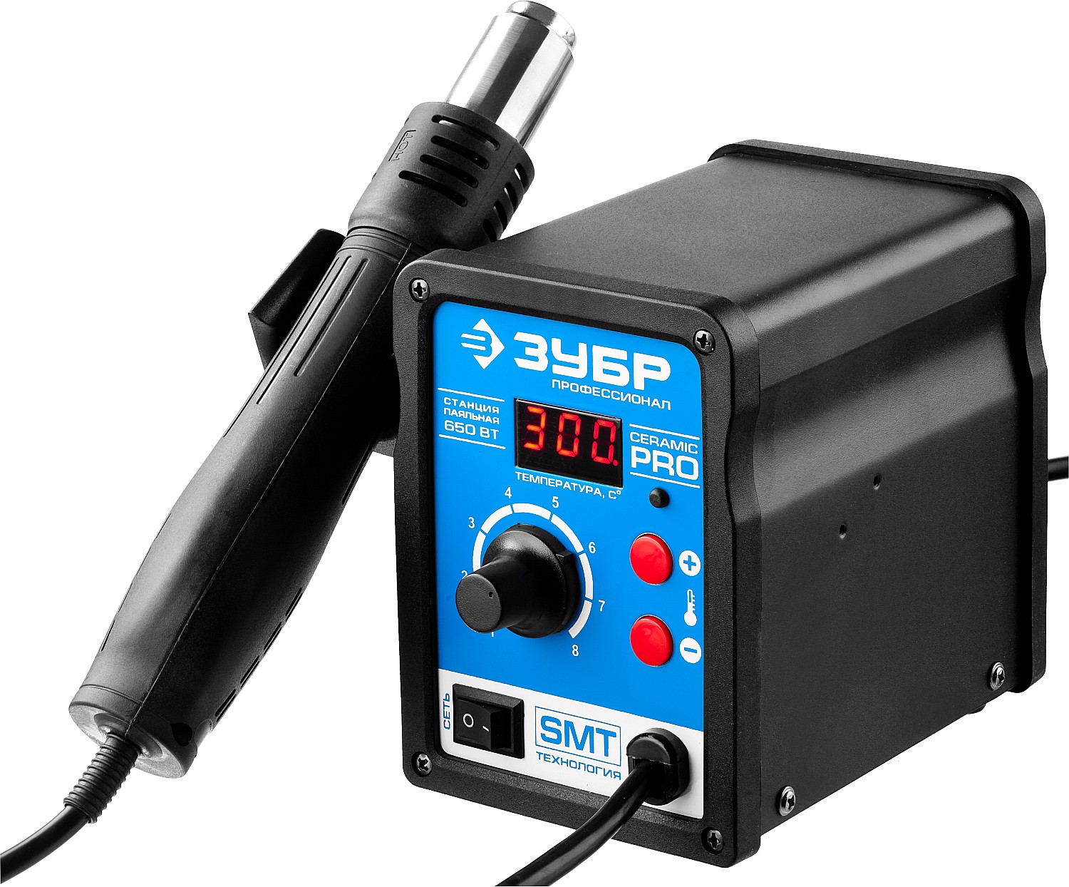 ЗУБР ПСТ-650, 650 Вт, 100 - 500°C,120 л/мин, 3 насадки, керамический нагреватель, цифровая термовоздушная паяльная станция, Профессионал (55350) — фото 4