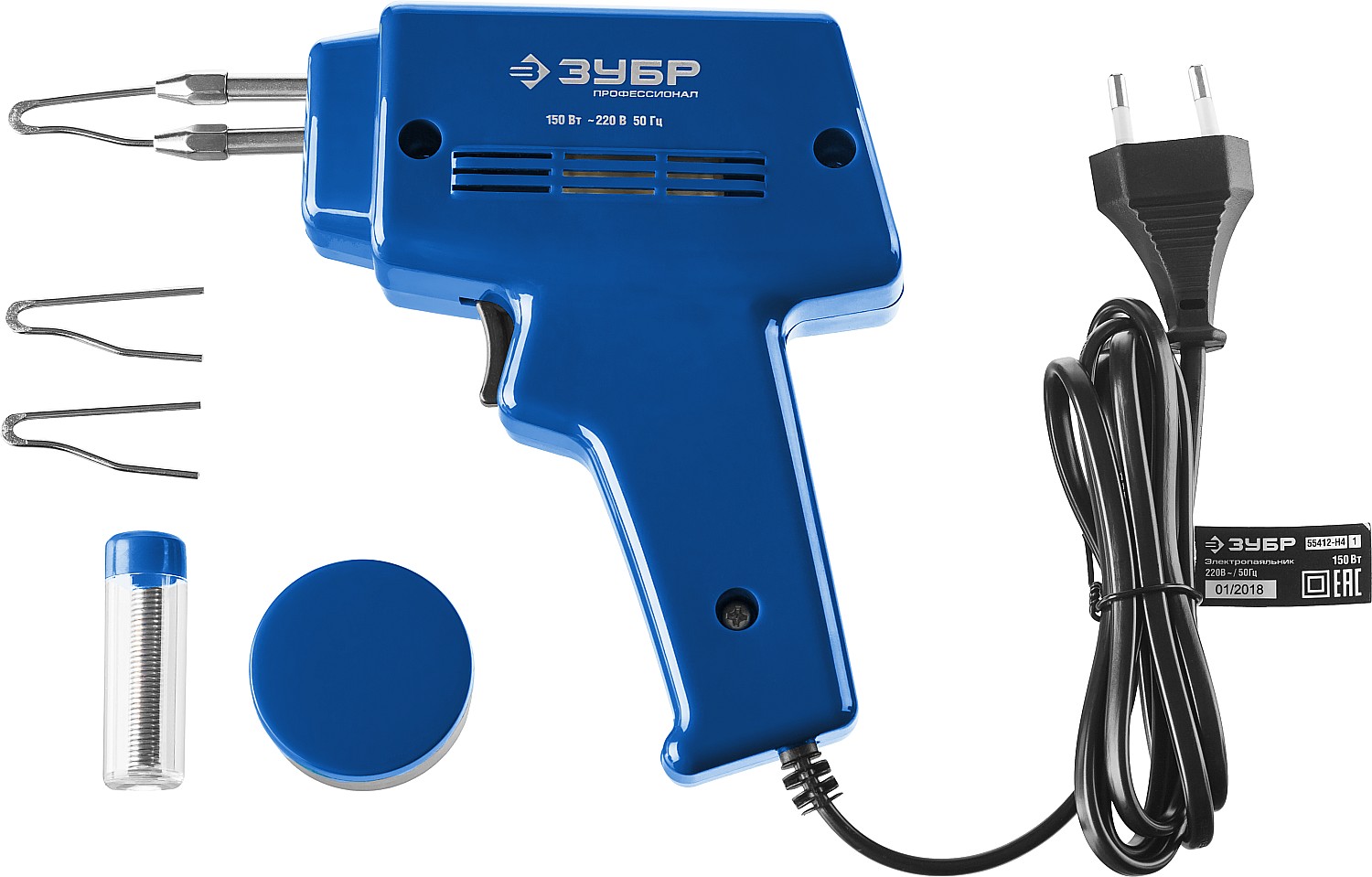 ЗУБР 150 Вт, в наборе: нагрев 6 сек., канифоль, припой, 2 сменных жала, импульсный паяльник, Профессионал (55412-H4) — фото 9