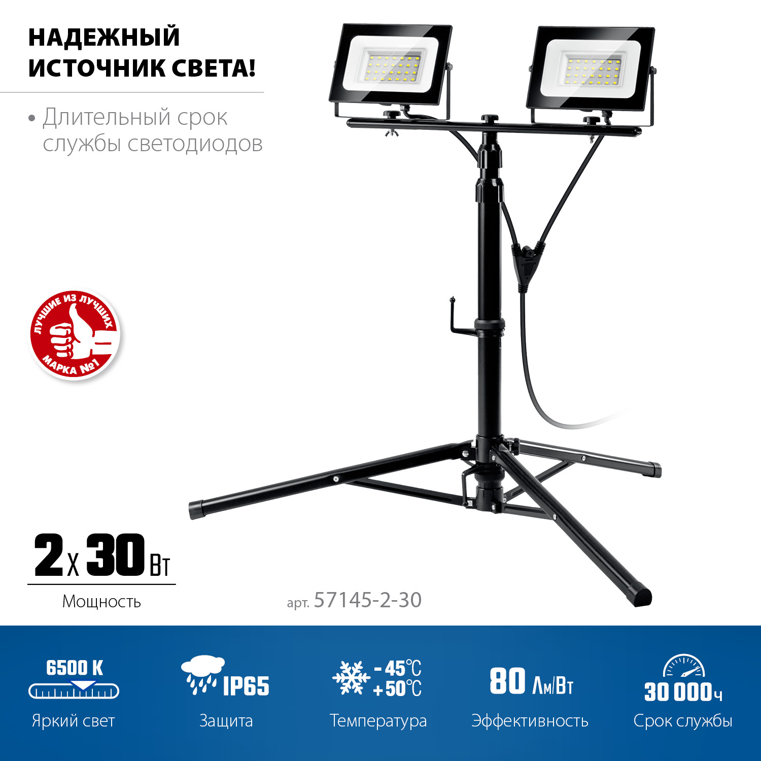 ЗУБР ПСК 30х2, 2 х 30 Вт, 6500 К, IP 65, 1.6 м, светодиодные прожекторы на штативе, Профессионал (57145-2-30) — фото 3