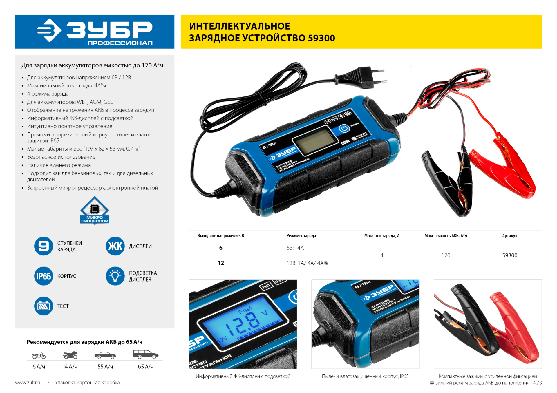 ЗУБР ЗУ-120, 6/12 В, 4 А, интеллектуальное зарядное устройство для аккумуляторов, Профессионал (59300) — фото 10