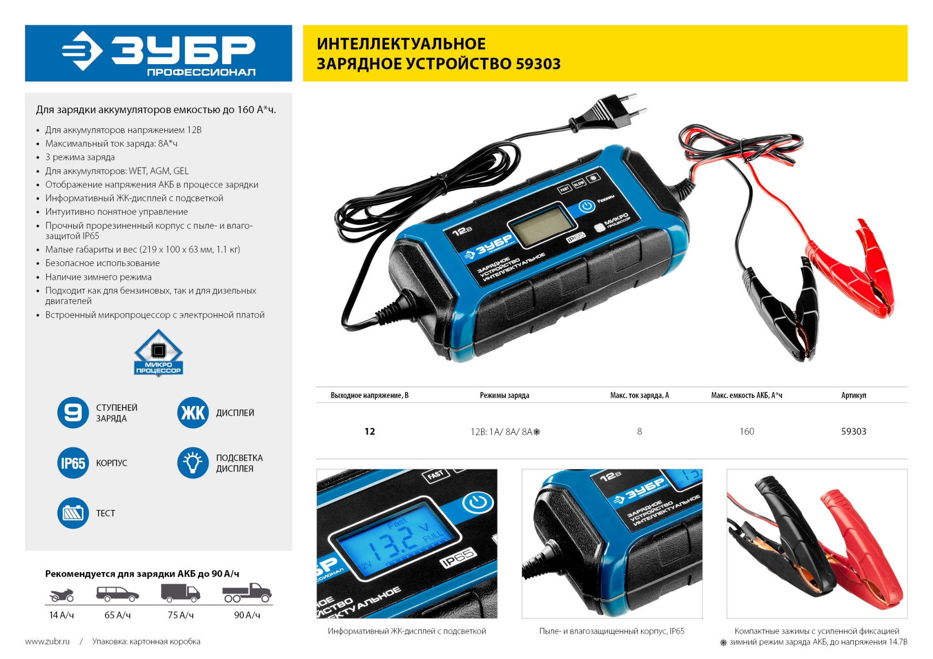 ЗУБР ЗУ-160, 12 В, 8 А, интеллектуальное зарядное устройство для аккумуляторов, Профессионал (59303) — фото 11