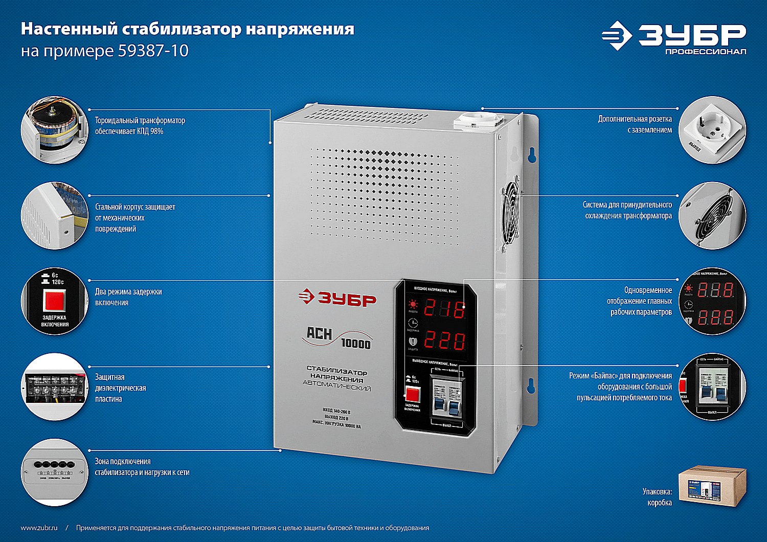 ЗУБР 10000ВА, 10 кВт, автоматический стабилизатор напряжения, Профессионал (59387-10) — фото 11