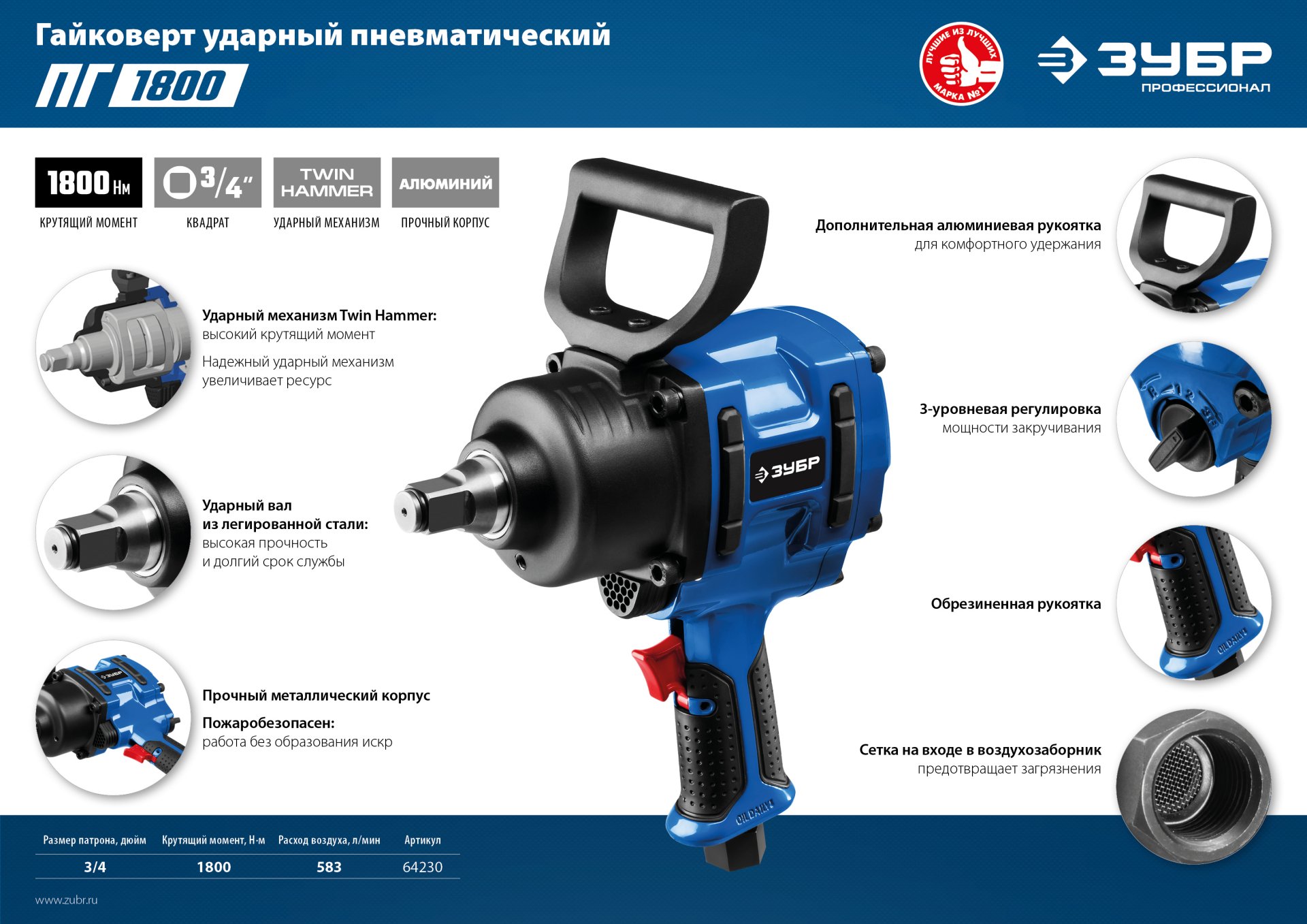 ЗУБР ПГ-1800, 3/4″, 1800 Н·м, ударный пневматический гайковерт, Профессионал (64230) — фото 8