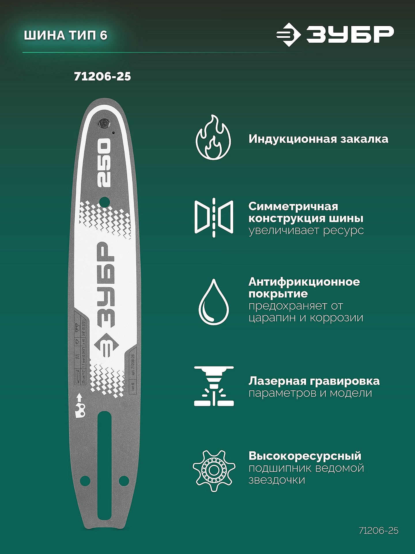 ЗУБР тип 6, 25 см, шаг 3/8″, паз 1.1 мм, 40 звеньев, шина (71206-25) — фото 4