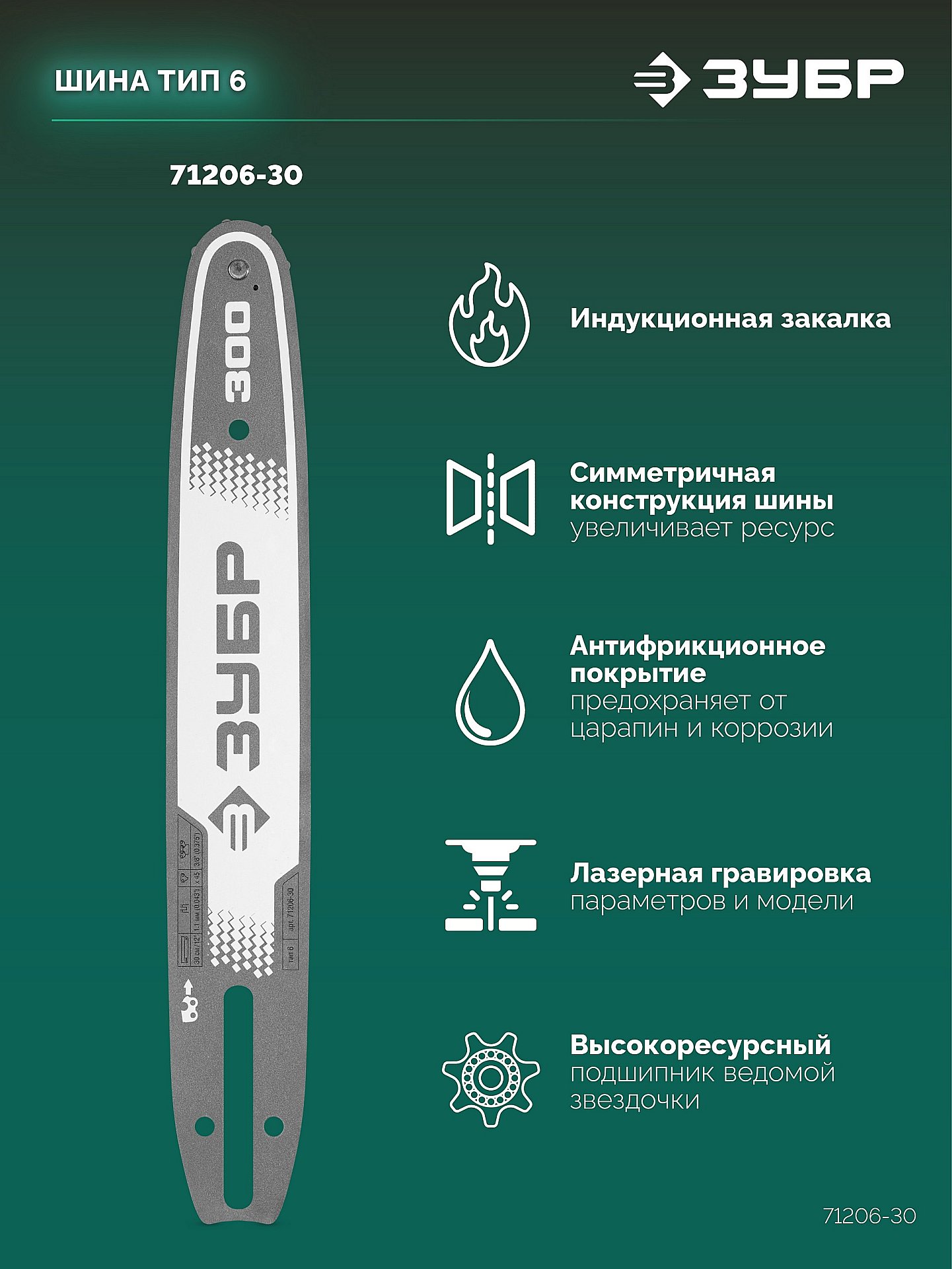 ЗУБР тип 6, 30 см, шаг 3/8″, паз 1.1 мм, 45 звеньев, шина (71206-30) — фото 4