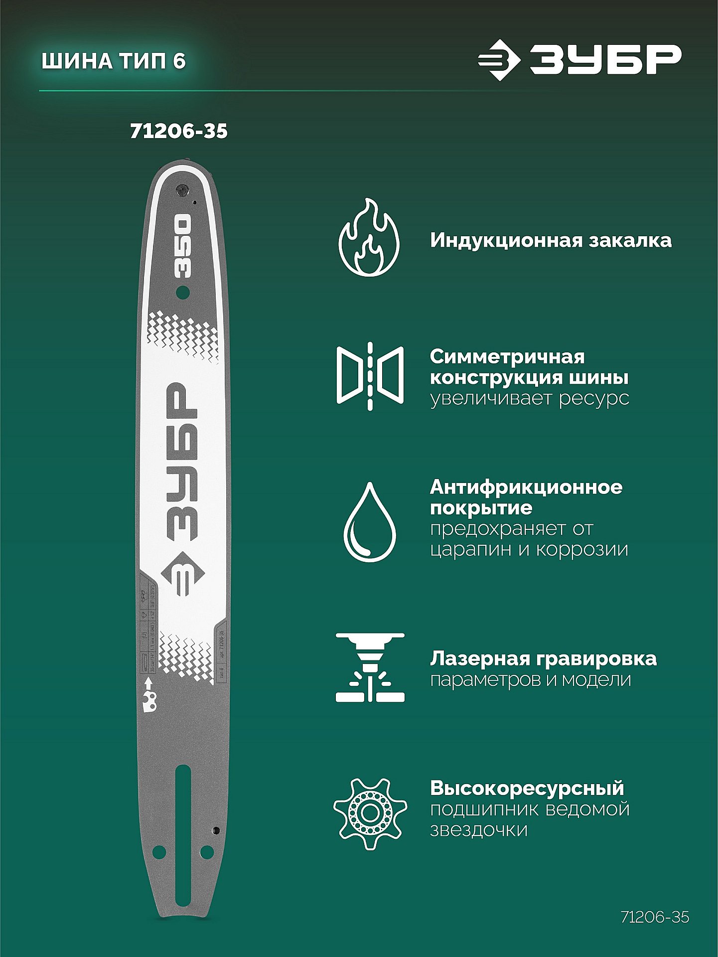 ЗУБР тип 6, 35 см, шаг 3/8″, паз 1.1 мм, 52 звена, шина (71206-35) — фото 4