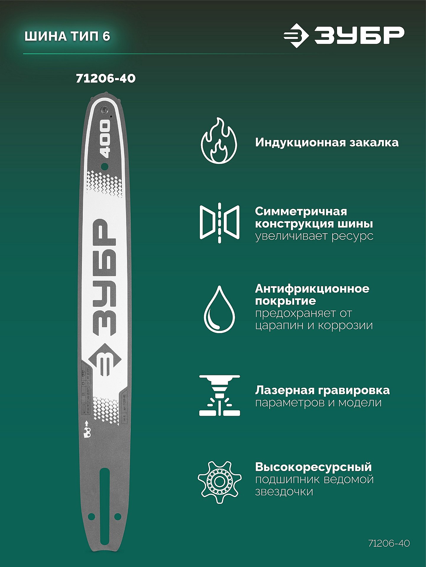 ЗУБР тип 6, 40 см, шаг 3/8″, паз 1.1 мм, 57 звеньев, шина (71206-40) — фото 4