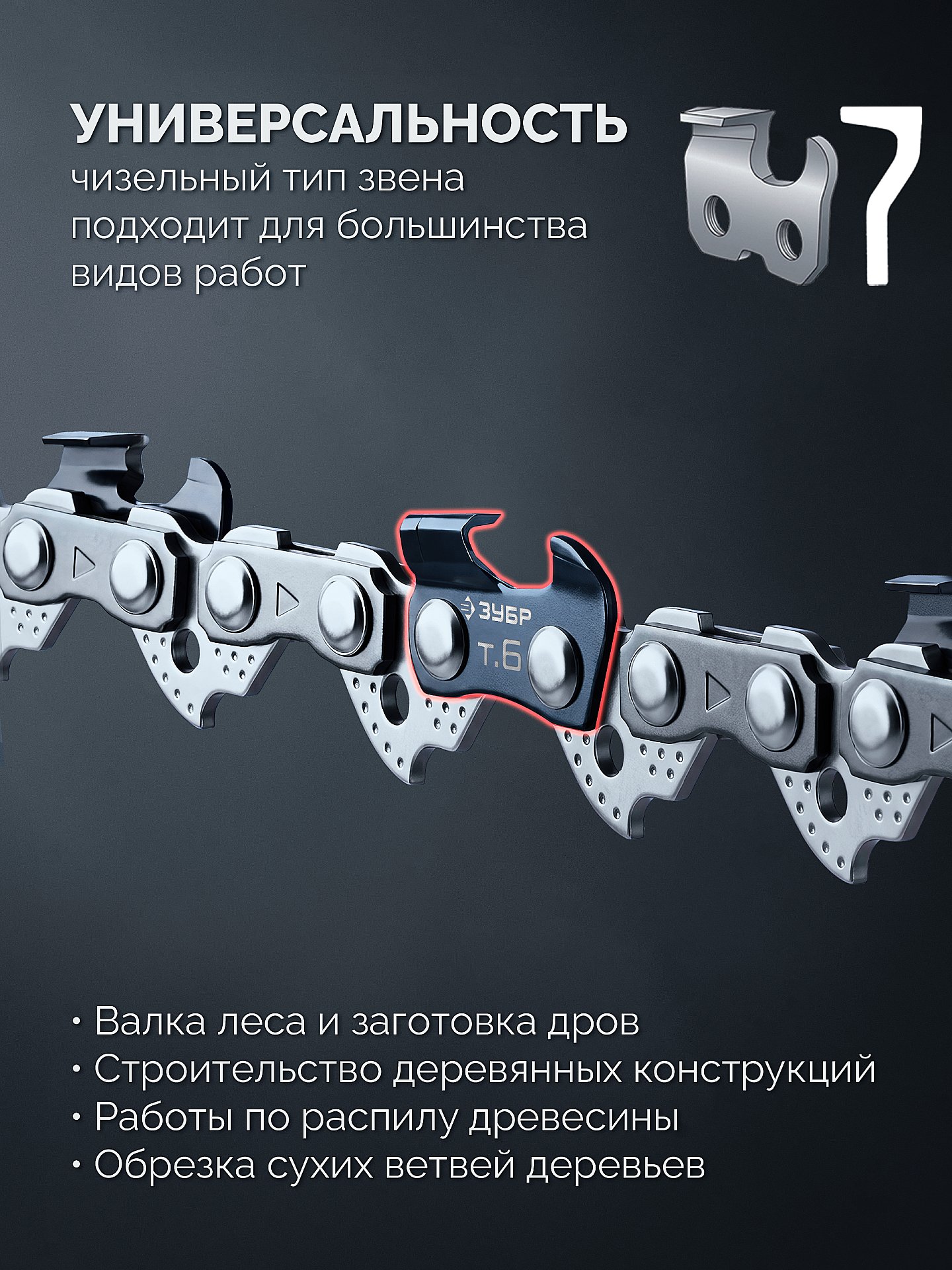 ЗУБР тип 6, 35 см, шаг 3/8″, паз 1.1 мм, 52 звена, цепь (71306-35) — фото 5