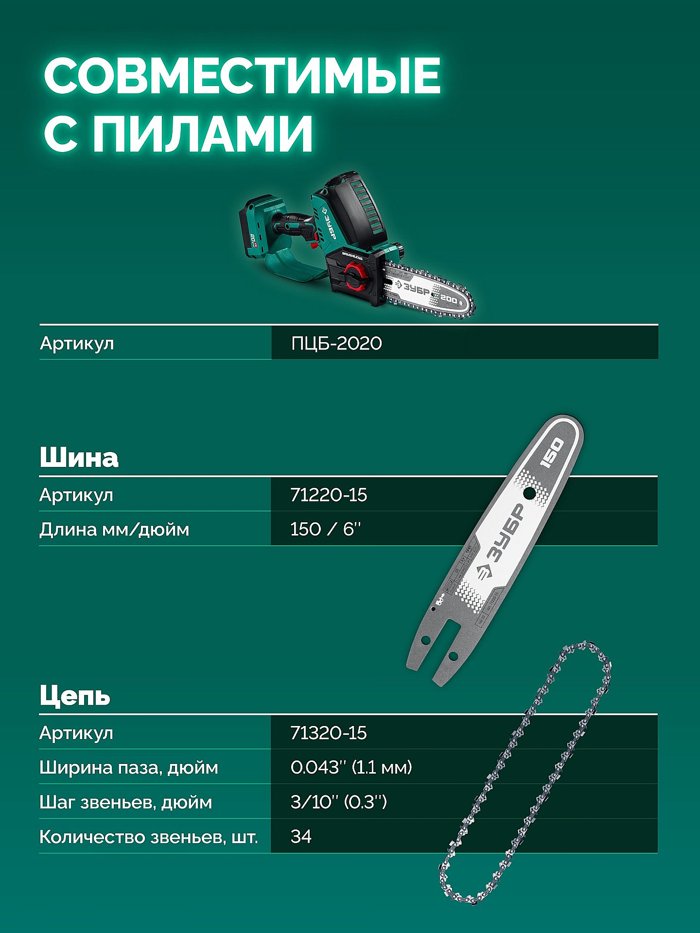 ЗУБР тип 20, 15 см, шаг 3/10″, паз 1.1 мм, 34 звеньев, цепь (71320-15) — фото 7