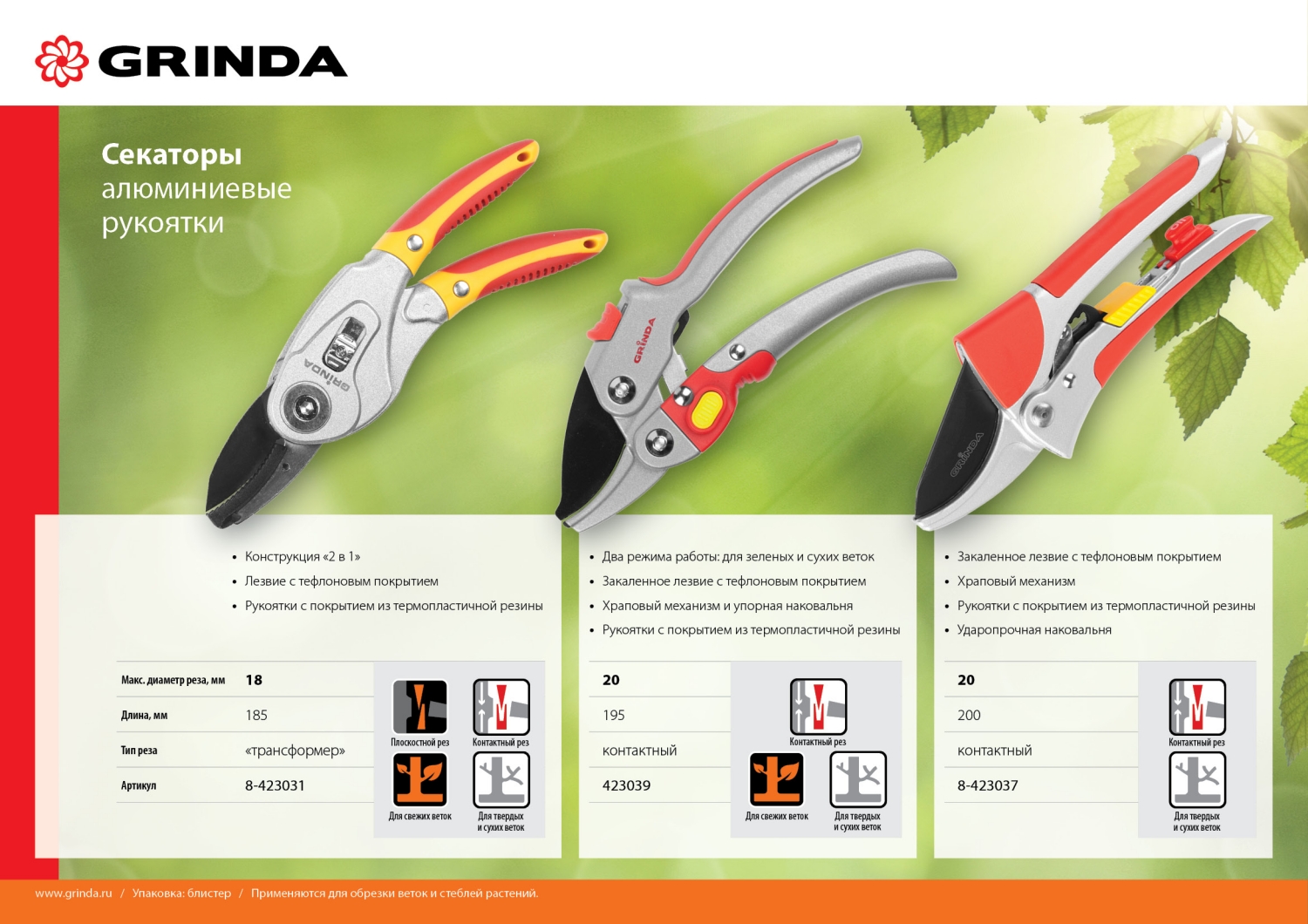 GRINDA 185 мм, с алюминиевыми рукоятками, плоскостной и контактный, секатор-трансформер (8-423031) — фото 3