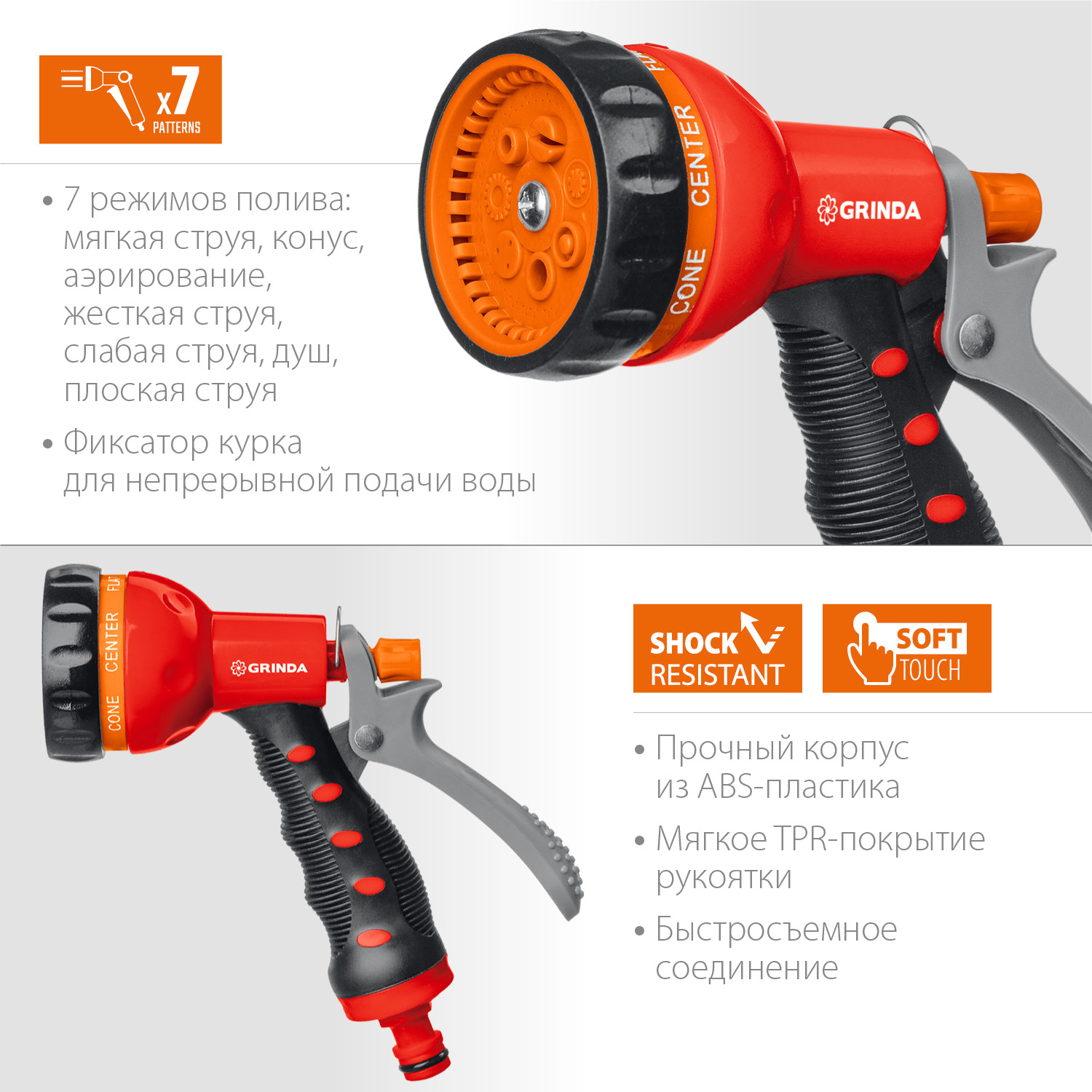 GRINDA T-7, 7 режимов, курок сзади, пластиковый с TPR, поливочный пистолет (8-427185) — фото 3