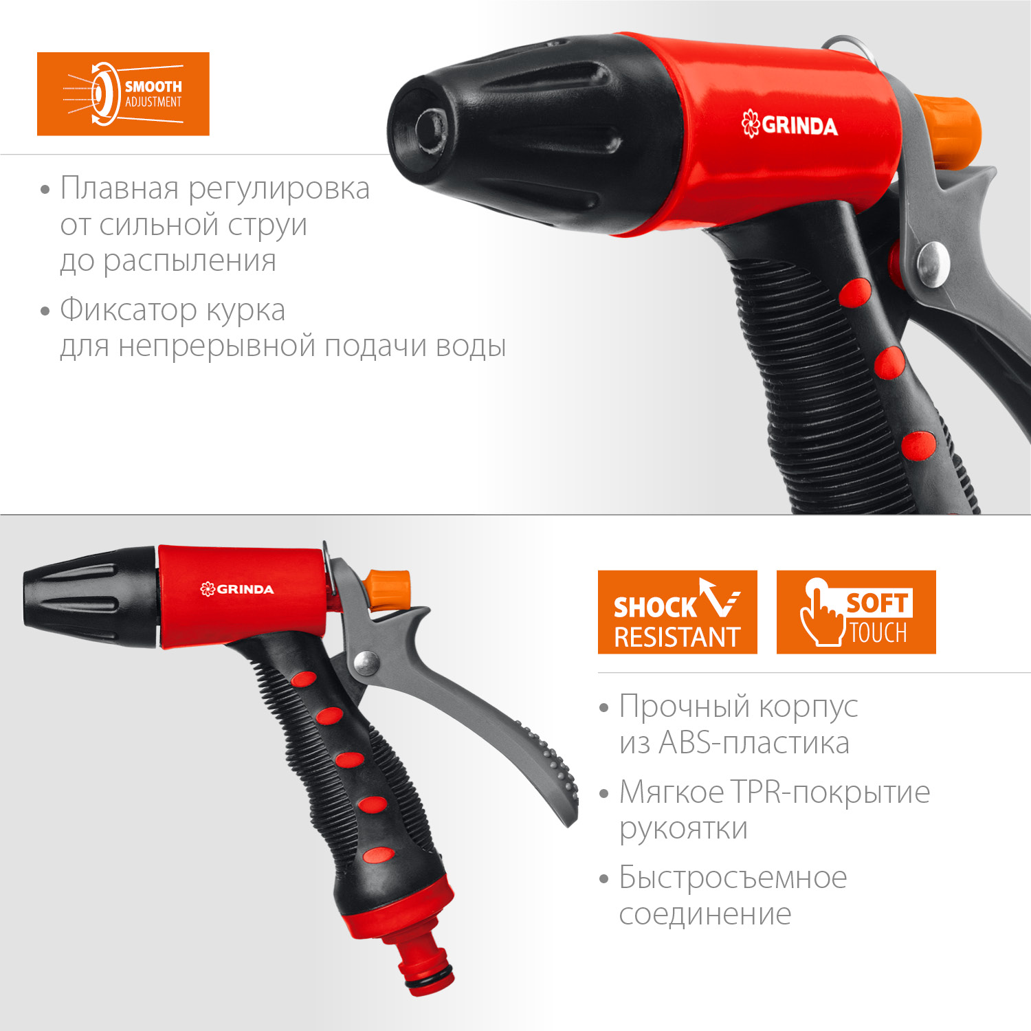 GRINDA T-R, плавная регулировка, курок сзади, пластиковый с TPR, поливочный пистолет (8-427186) — фото 3