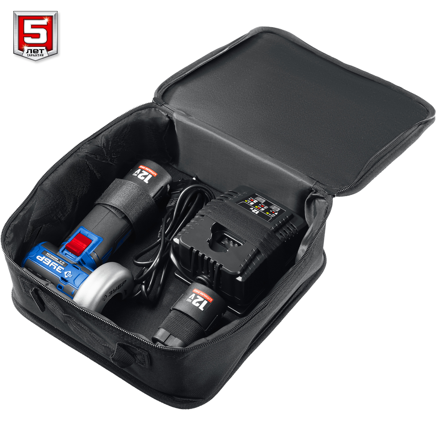 ЗУБР 12 В, d76 мм, 2 АКБ тип Т7 (2 А·ч), бесщеточная УШМ, сумка, Профессионал (AB-76-22) — фото 15