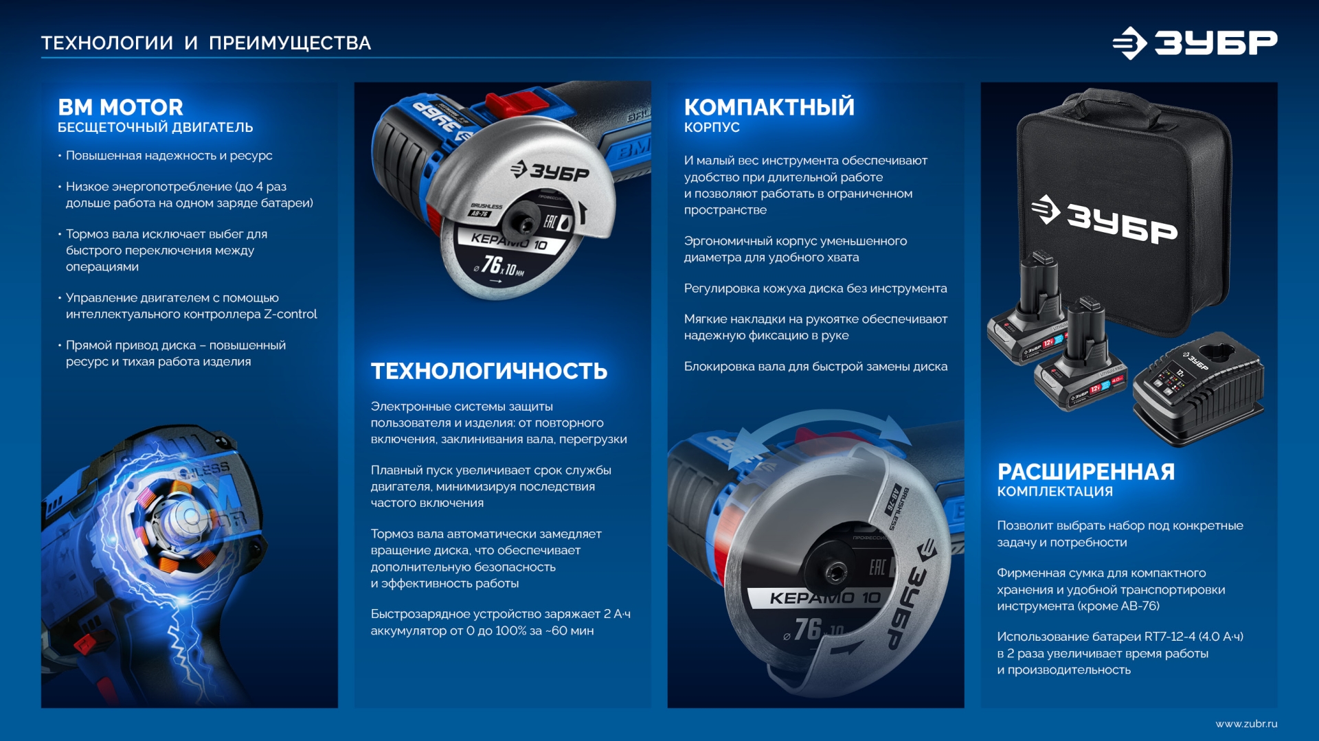 ЗУБР 12 В, D76 мм, 1 АКБ тип Т7 (4 А·ч), бесщеточная УШМ, сумка, Профессионал (AB-76-41) — фото 18