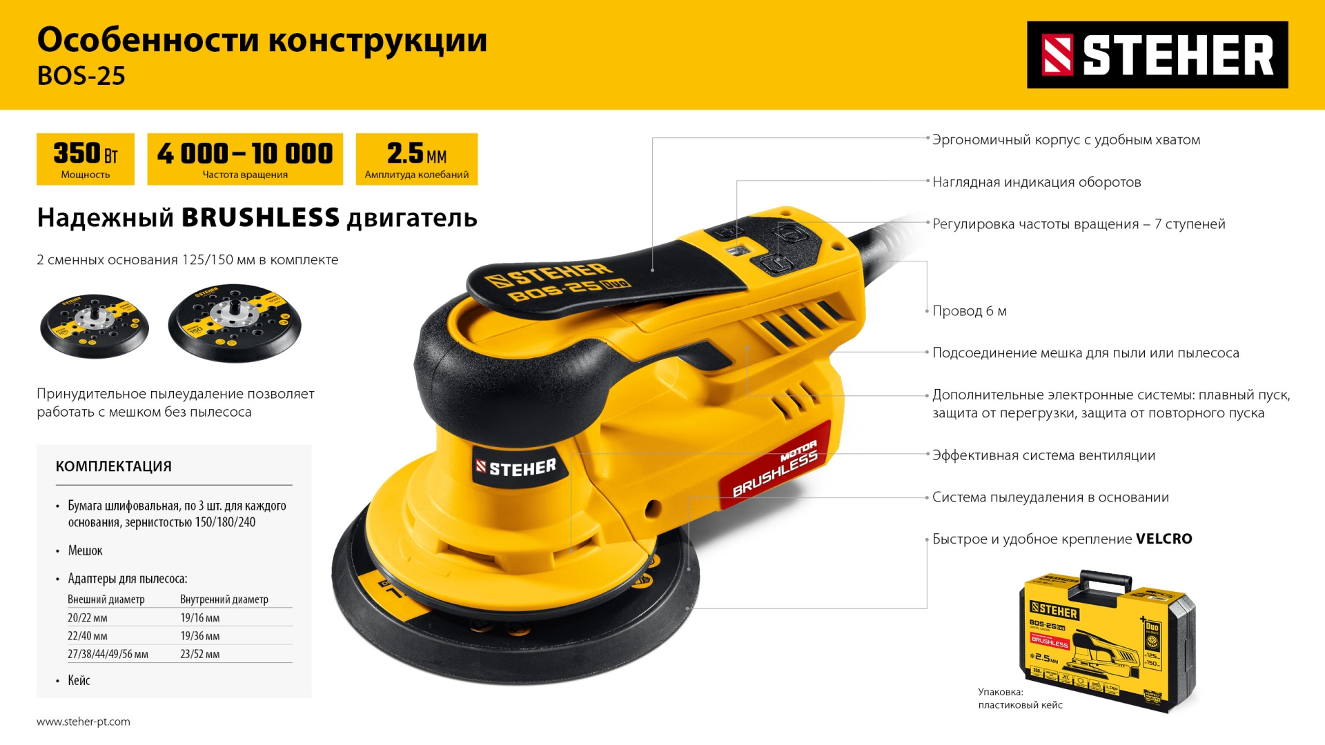 STEHER BOS-25 Duo, d125 / d150 мм, 2.5 мм, 350 Вт, бесщеточная орбитально-шлифовальная машина, кейс (BOS-25) — фото 17