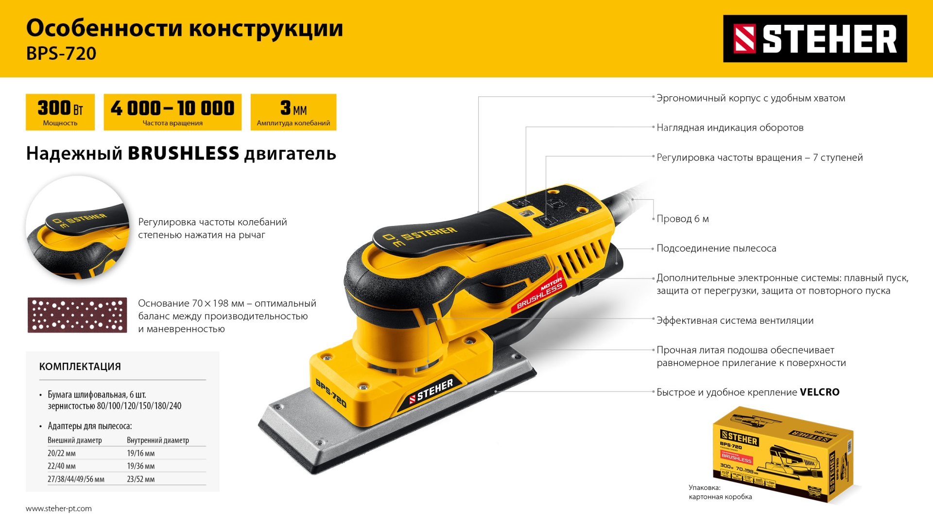 STEHER 70х198 мм, 300 Вт, 3 мм, бесщеточная плоскошлифовальная машина (BPS-720) — фото 11