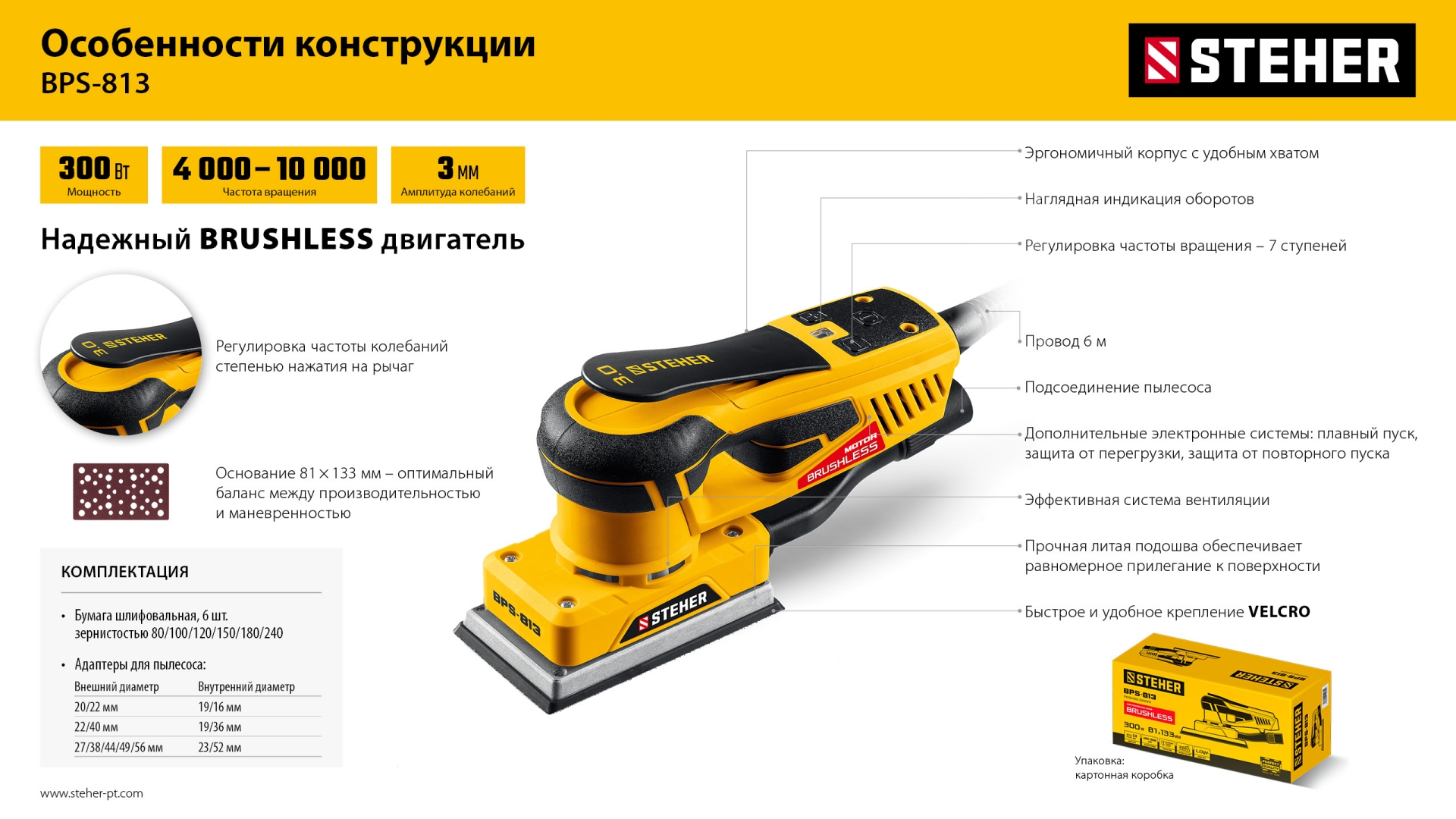 STEHER 81х133 мм, 300 Вт, 3 мм, бесщеточная плоскошлифовальная машина (BPS-813) — фото 11