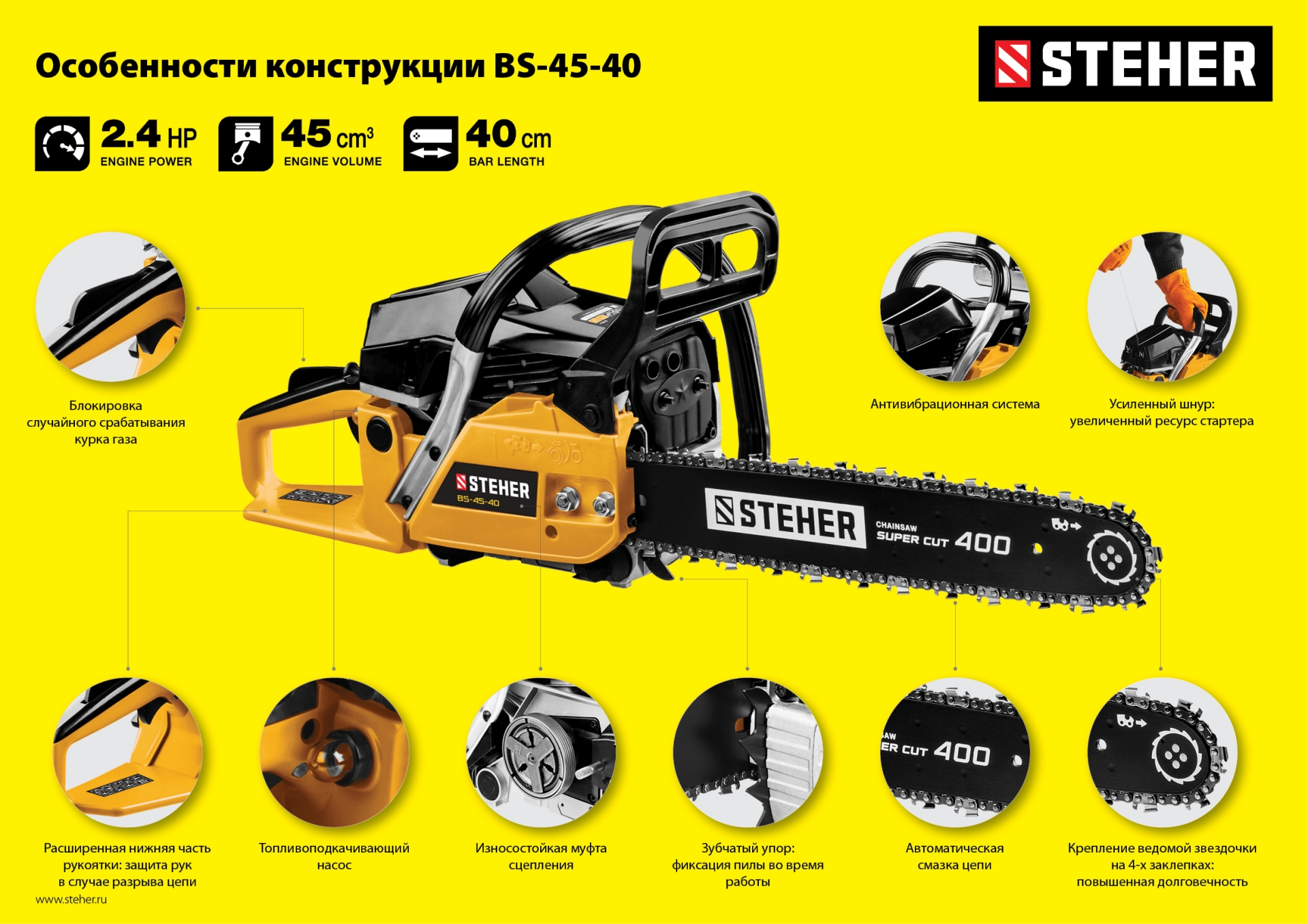 STEHER 45 см3, 40 см, бензопила (BS-45-40) — фото 16