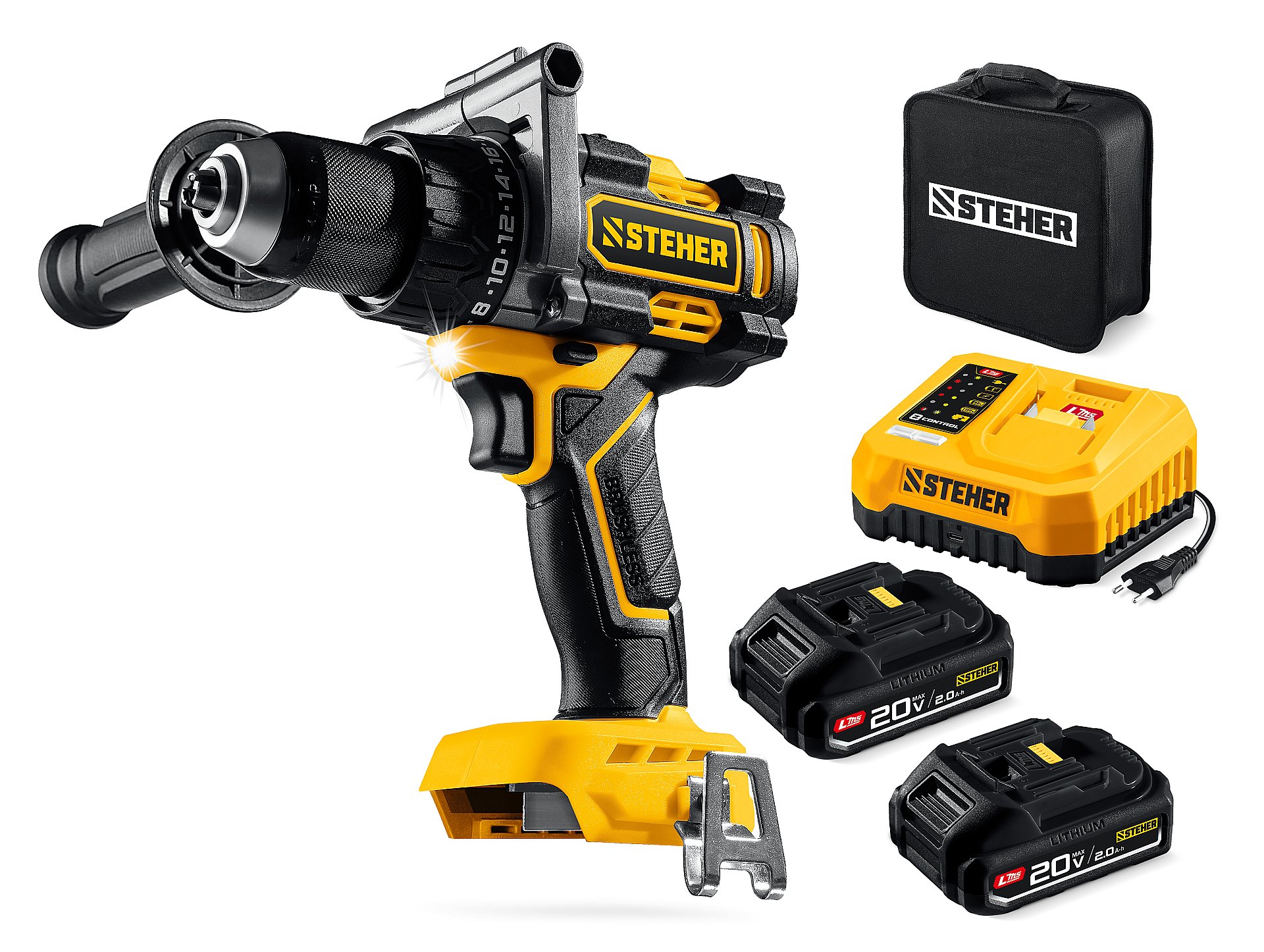 STEHER 20 В, 165 Н·м, 2 АКБ LMS (2 А·ч), бесщеточная дрель-шуруповерт, сумка (CB-165-22)