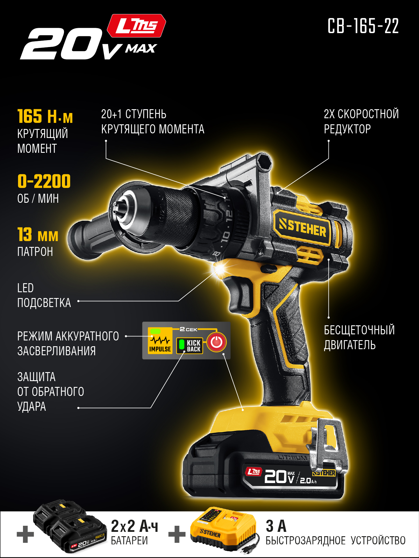 STEHER 20 В, 165 Н·м, 2 АКБ LMS (2 А·ч), бесщеточная дрель-шуруповерт, сумка (CB-165-22) — фото 3