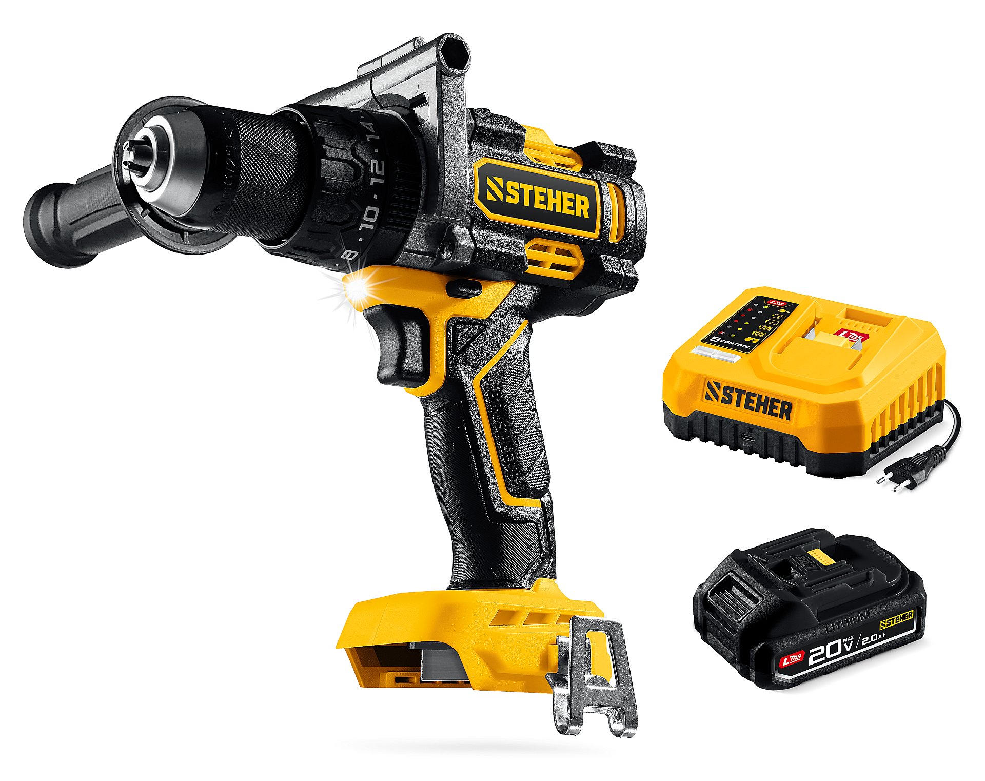 STEHER 20 В, 165 Н·м, 1 АКБ LMS (2 А·ч), бесщеточная ударная дрель-шуруповерт (CBS-165-21)