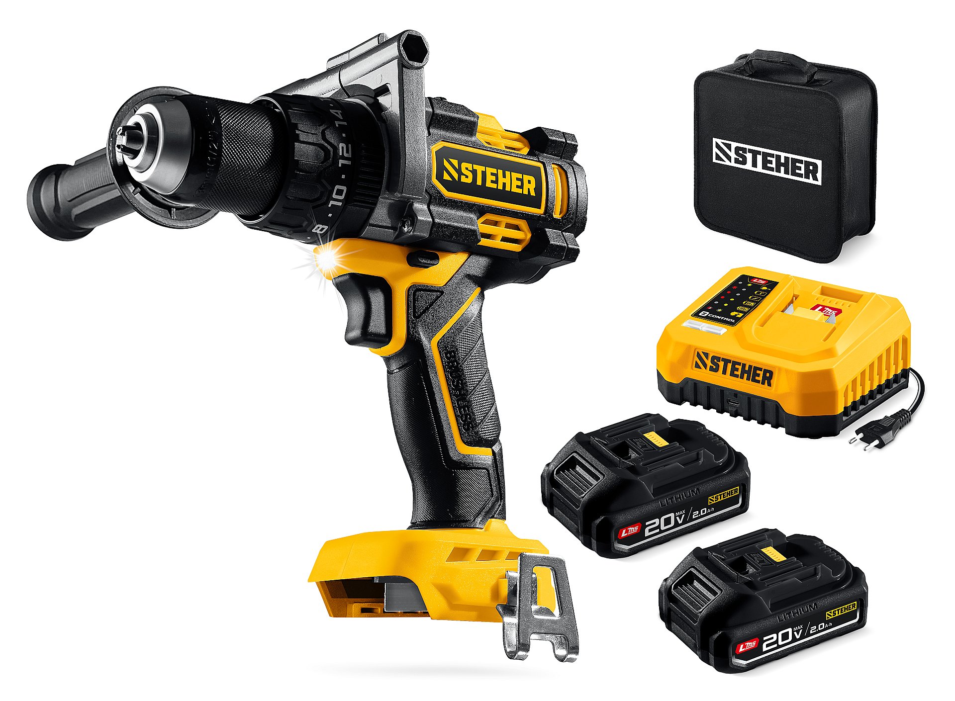 STEHER 20 В, 165 Н·м, 2 АКБ LMS (2 А·ч), бесщеточная ударная дрель-шуруповерт, сумка (CBS-165-22)