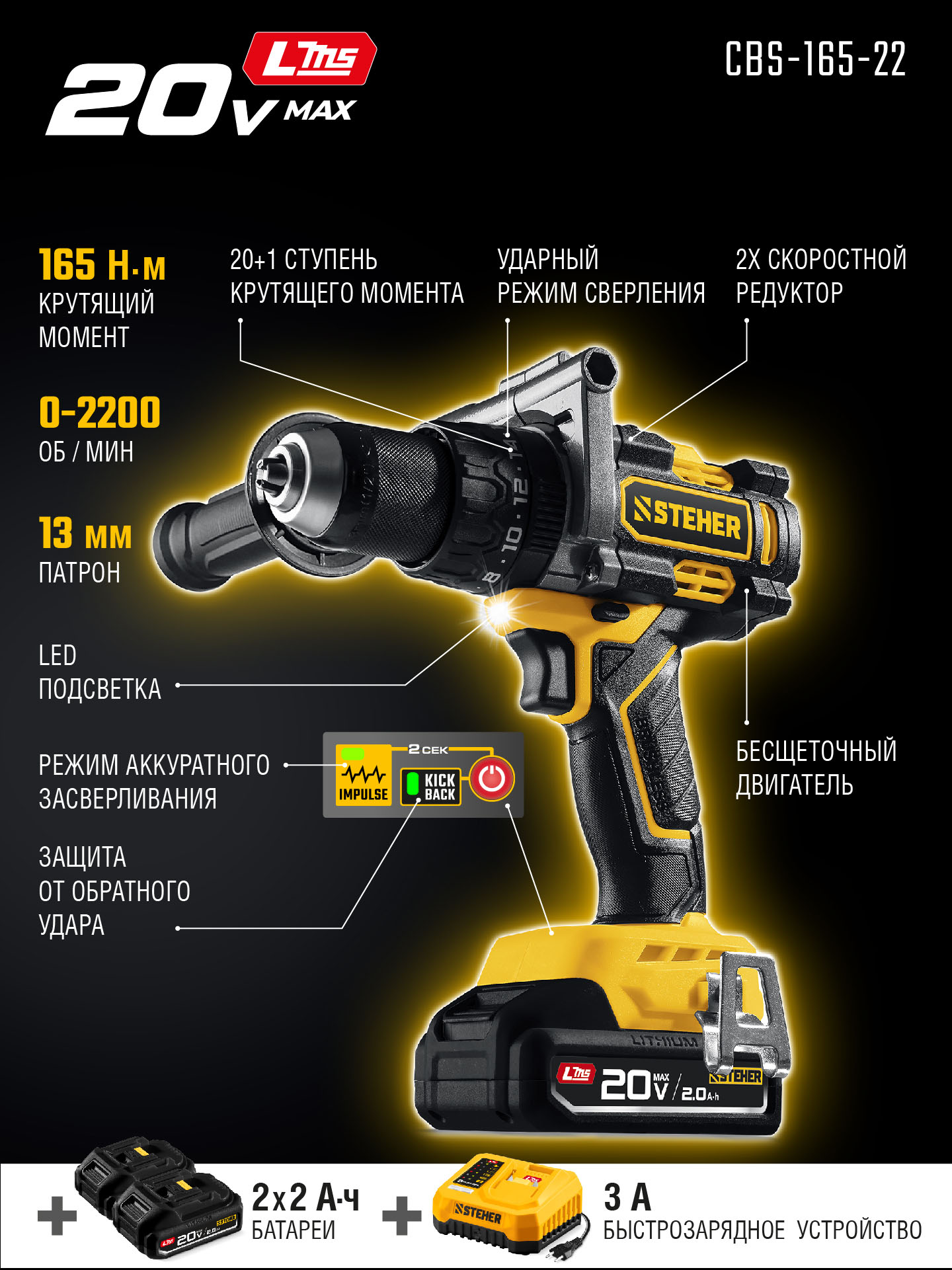 STEHER 20 В, 165 Н·м, 2 АКБ LMS (2 А·ч), бесщеточная ударная дрель-шуруповерт, сумка (CBS-165-22) — фото 3
