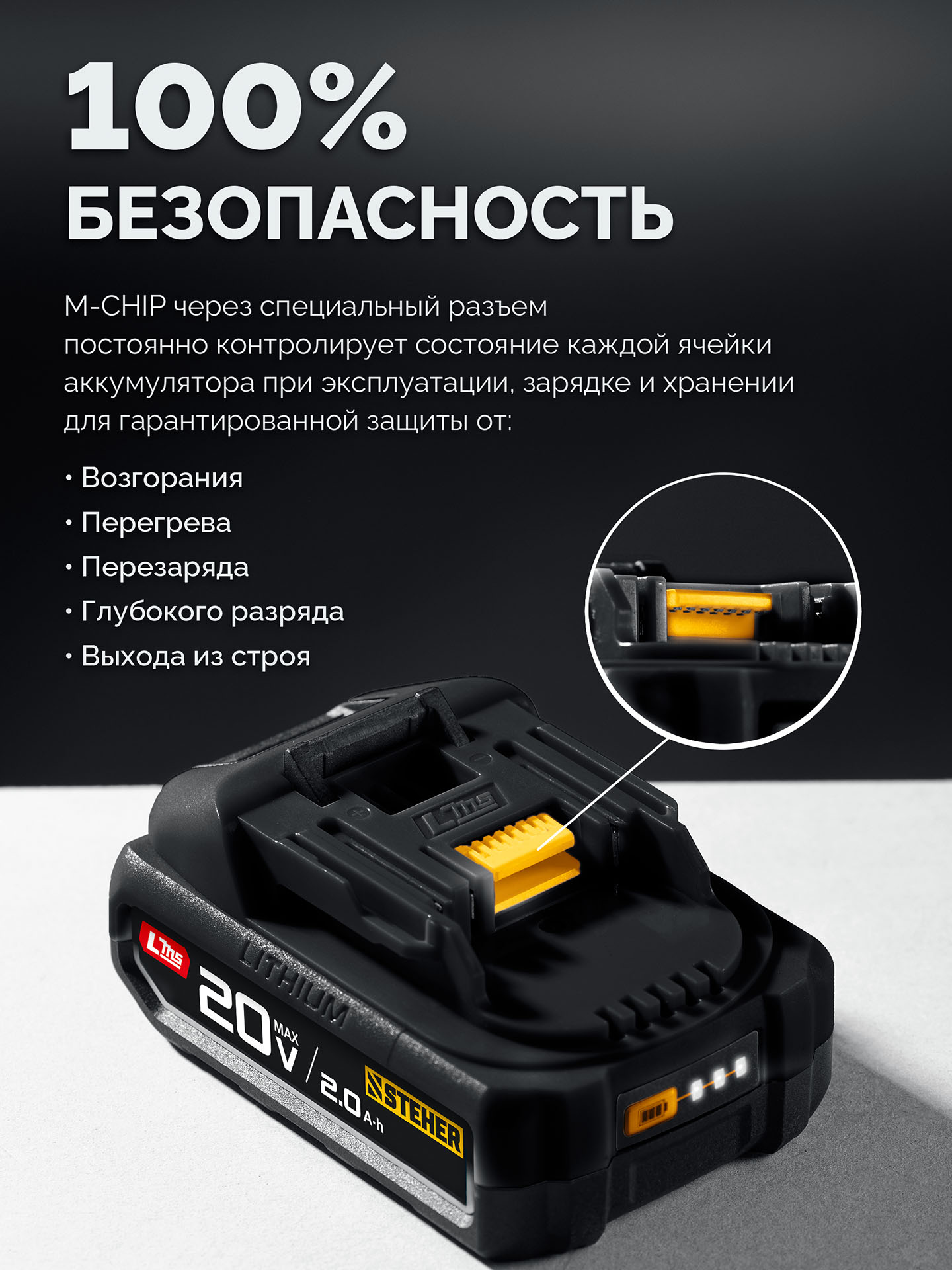 STEHER 20 В, 65 Н·м, 1 АКБ LMS (2 А·ч), бесщеточная ударная дрель-шуруповерт (CBS-65-21) — фото 16